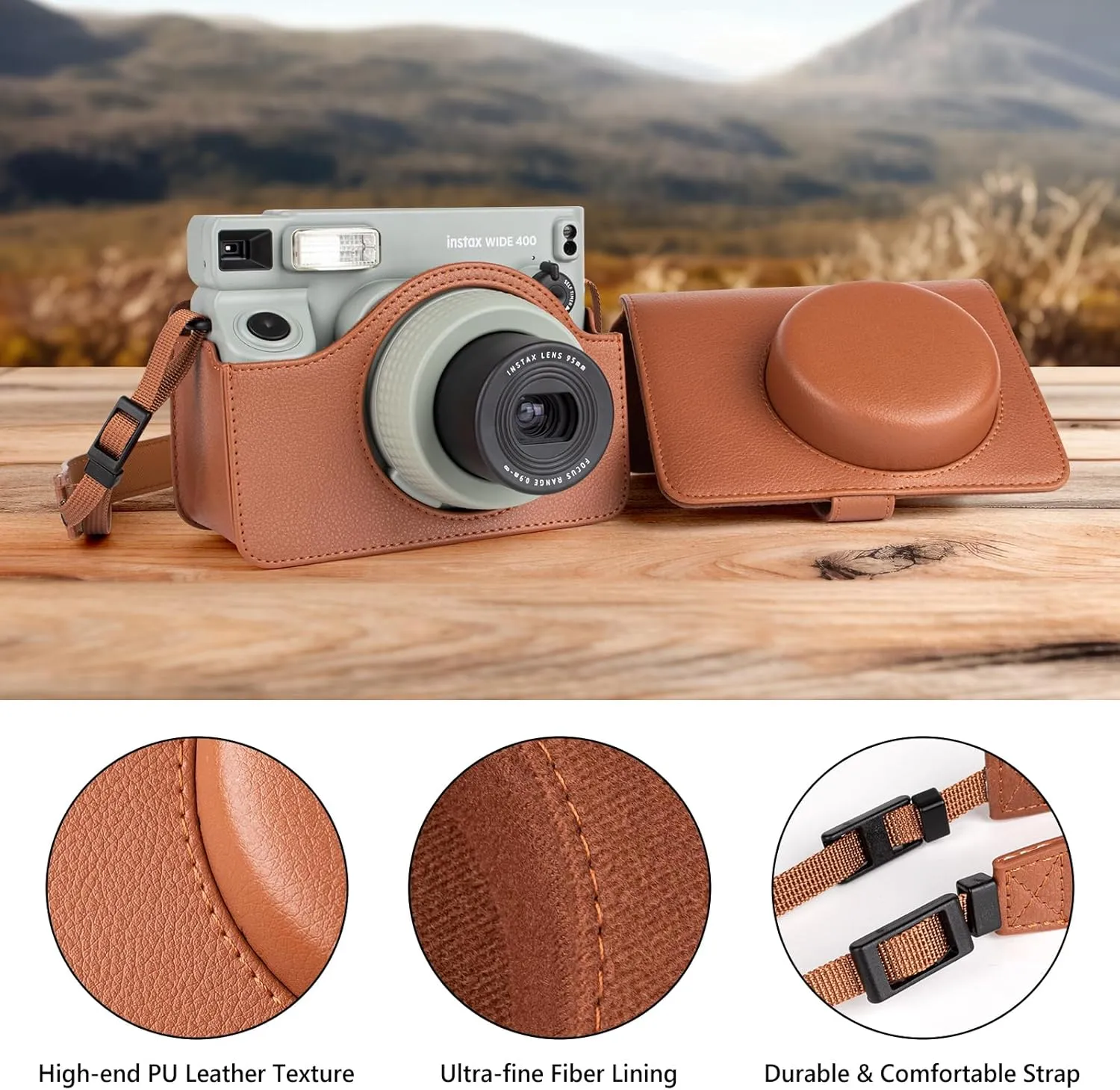 Protective Leather Case Compatible with Fujifilm Instax Wide 400 Instant Camera, for Instax WIDE 400 Camera Case with Shoulder Strap - Brown