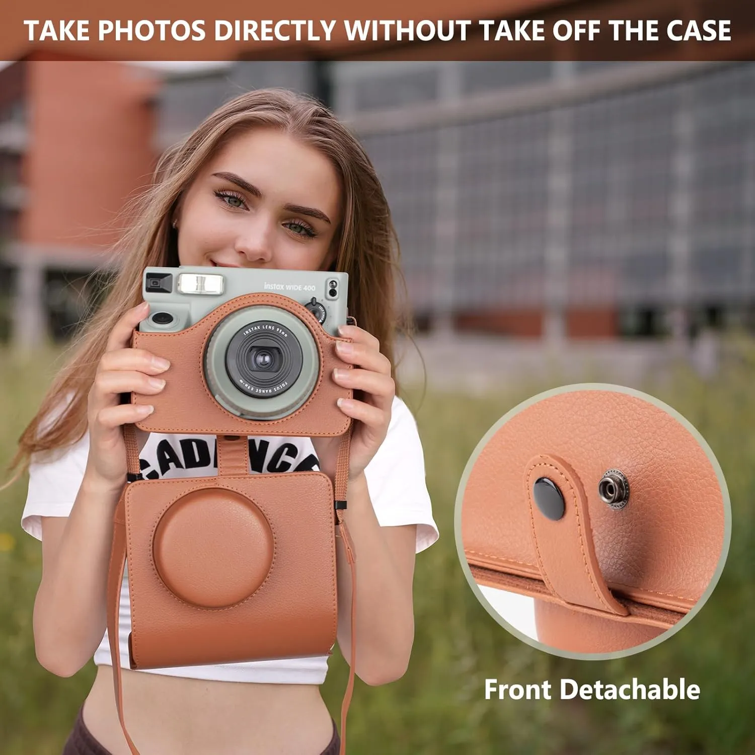 Protective Leather Case Compatible with Fujifilm Instax Wide 400 Instant Camera, for Instax WIDE 400 Camera Case with Shoulder Strap - Brown