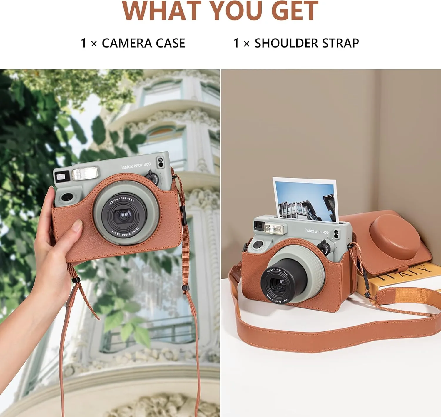 Protective Leather Case Compatible with Fujifilm Instax Wide 400 Instant Camera, for Instax WIDE 400 Camera Case with Shoulder Strap - Brown