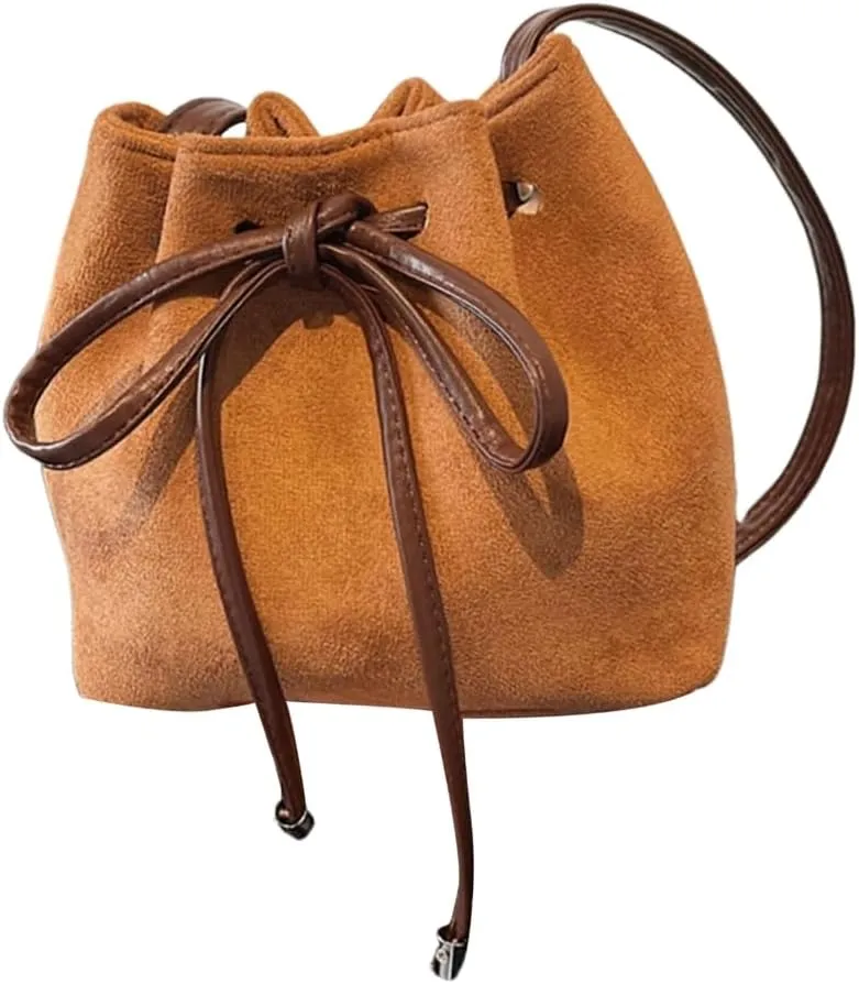 PU Leather Crossbody Bag for Women Drawstring Shoulder Bag Trendy Handbag Sweet Bows Work Bag Aesthetic Bucket Bag