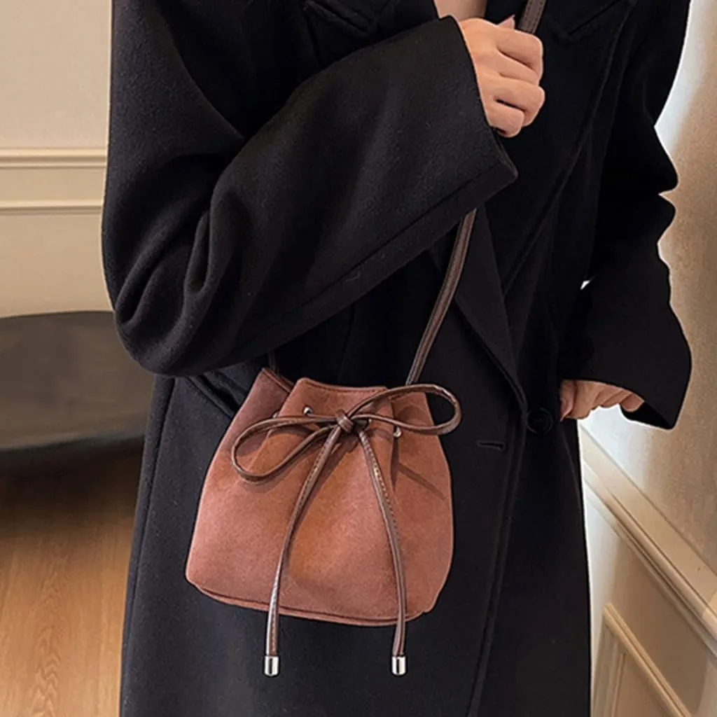 PU Leather Crossbody Bag for Women Drawstring Shoulder Bag Trendy Handbag Sweet Bows Work Bag Aesthetic Bucket Bag