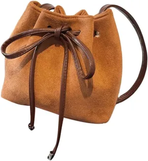 PU Leather Crossbody Bag for Women Drawstring Shoulder Bag Trendy Handbag Sweet Bows Work Bag Aesthetic Bucket Bag