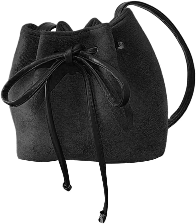 PU Leather Crossbody Bag for Women Drawstring Shoulder Bag Trendy Handbag Sweet Bows Work Bag Aesthetic Bucket Bag