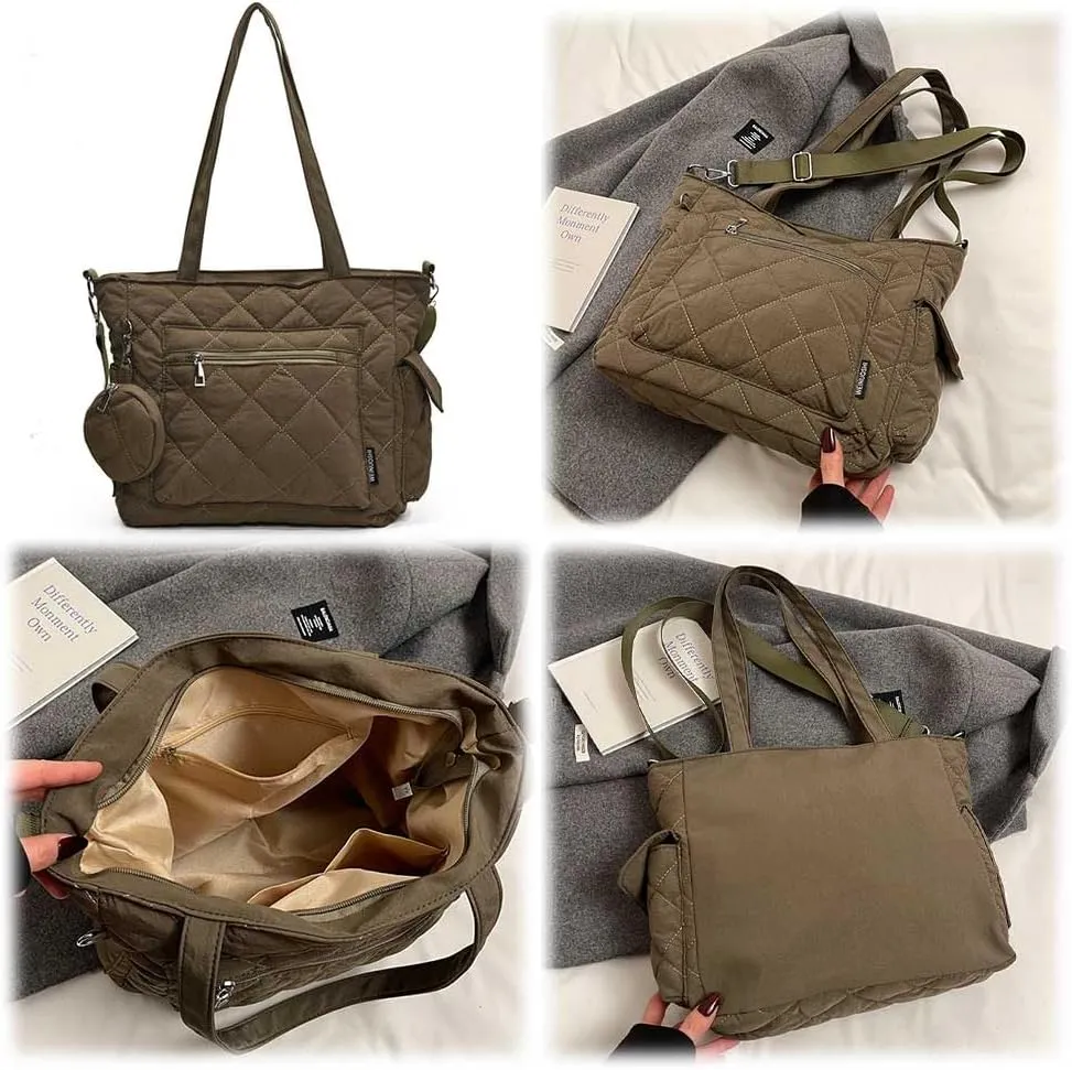Puffy Tote Bag, Lunch Box For Women Nylon Crossbody Bag Quilted Handbag Closure Satchel Purse Travel Gym Bag