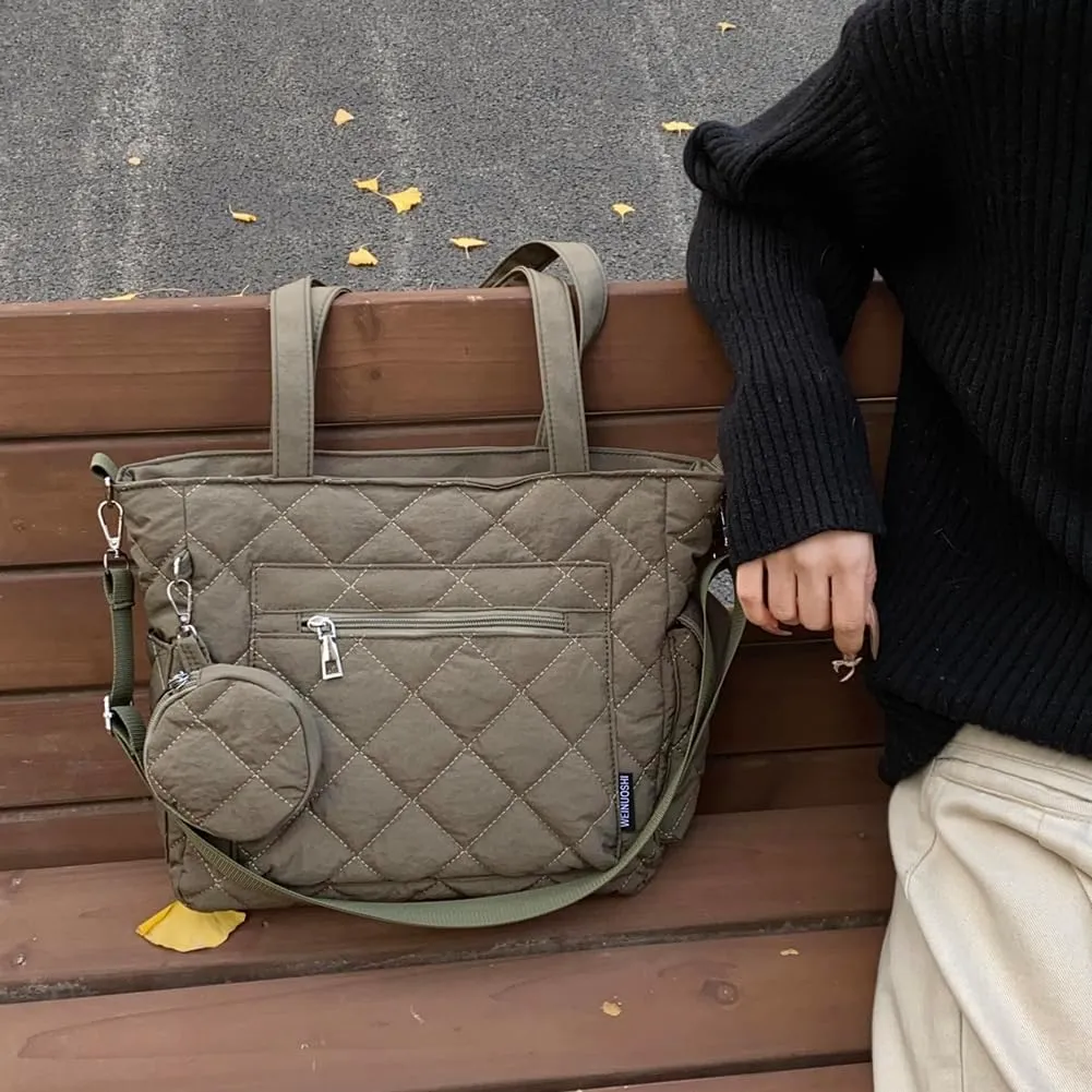 Puffy Tote Bag, Lunch Box For Women Nylon Crossbody Bag Quilted Handbag Closure Satchel Purse Travel Gym Bag