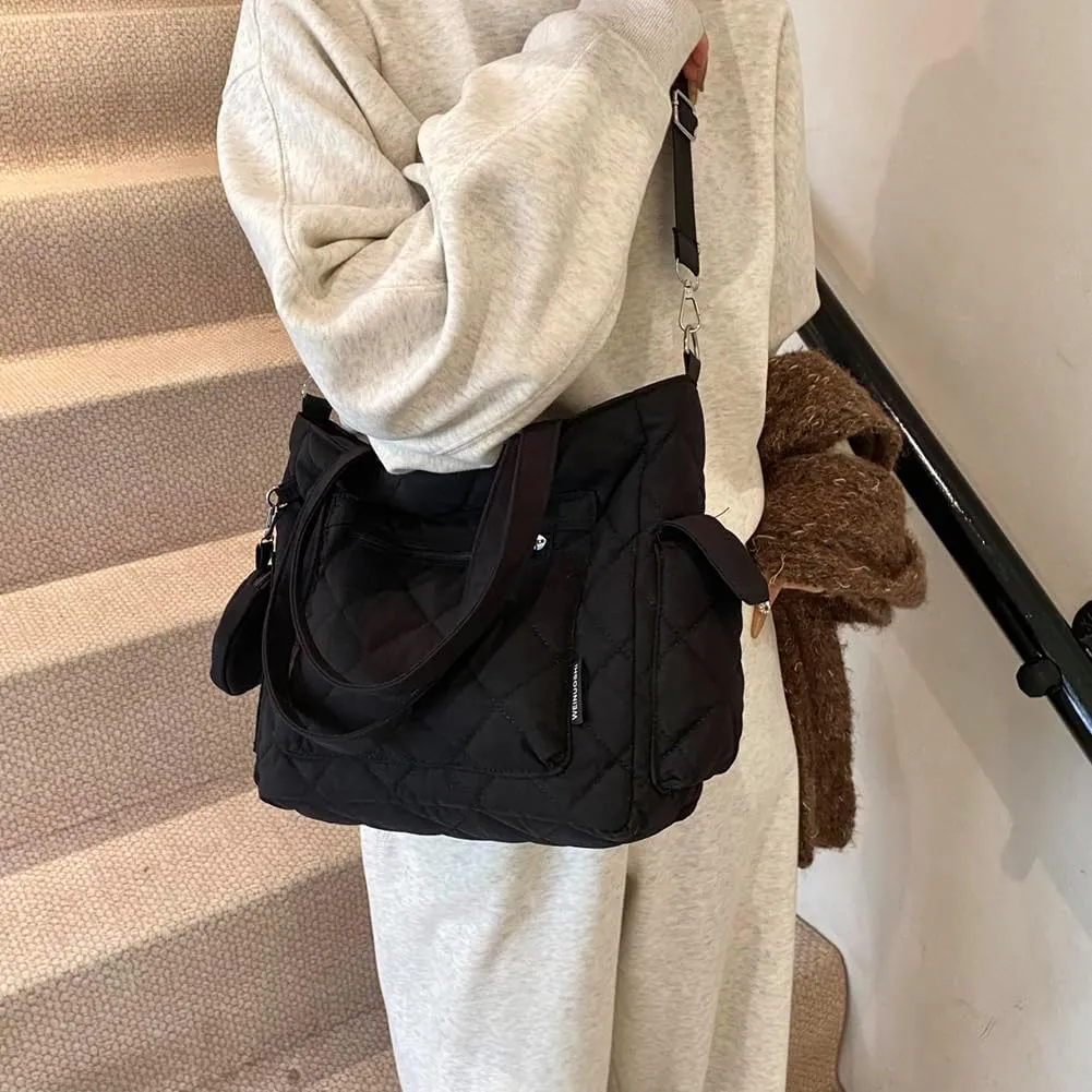 Puffy Tote Bag, Lunch Box For Women Nylon Crossbody Bag Quilted Handbag Closure Satchel Purse Travel Gym Bag