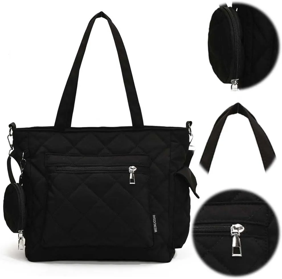 Puffy Tote Bag, Lunch Box For Women Nylon Crossbody Bag Quilted Handbag Closure Satchel Purse Travel Gym Bag