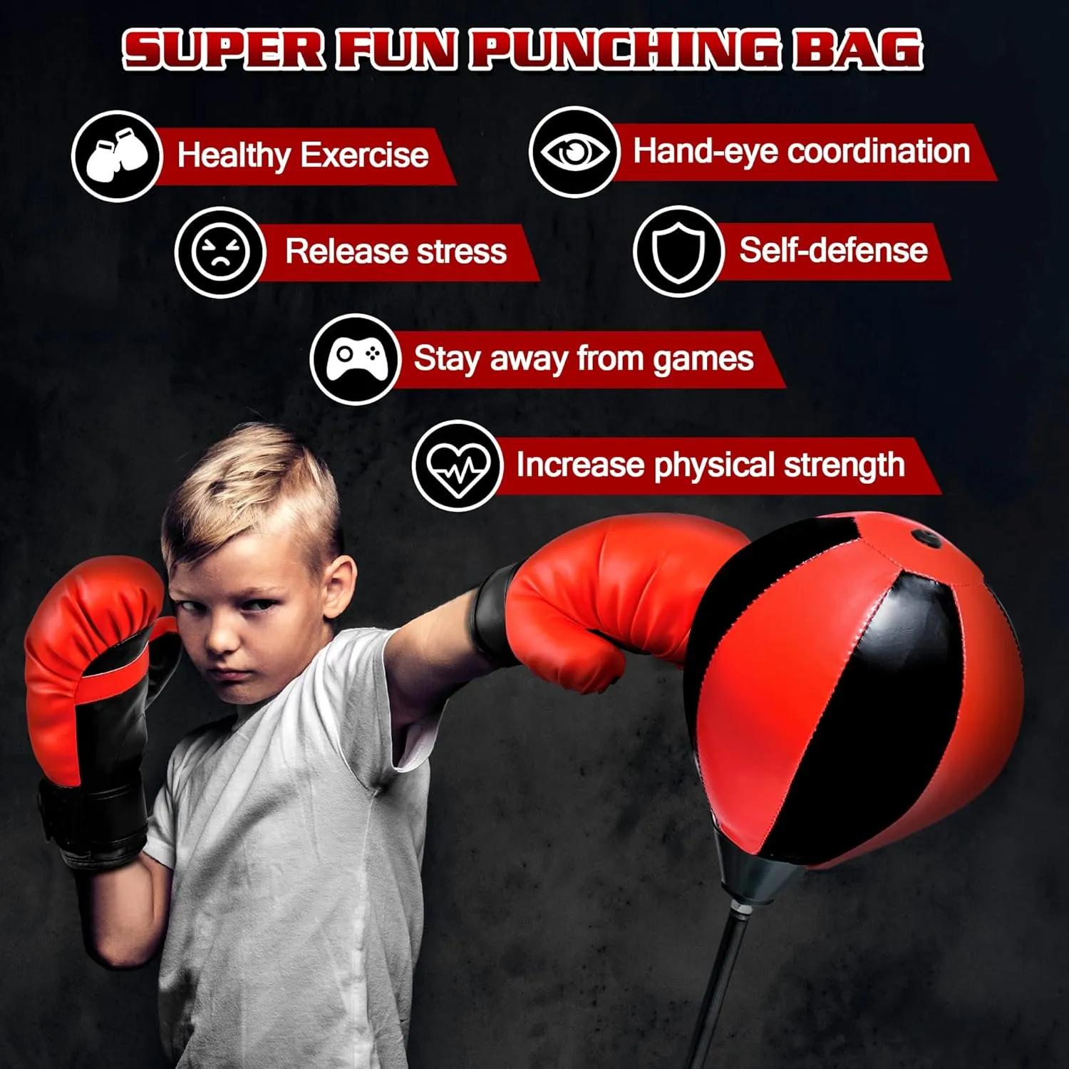 Punching Bag for Ages 3 4 5 6 7 8  Years Old Kids, Boxing Bag Set Toy with Boxing Gloves, Height Adjustable Punching Bag, Sport Toy for Boys & Girls, Ideal Christmas Birthday Gift for Kids