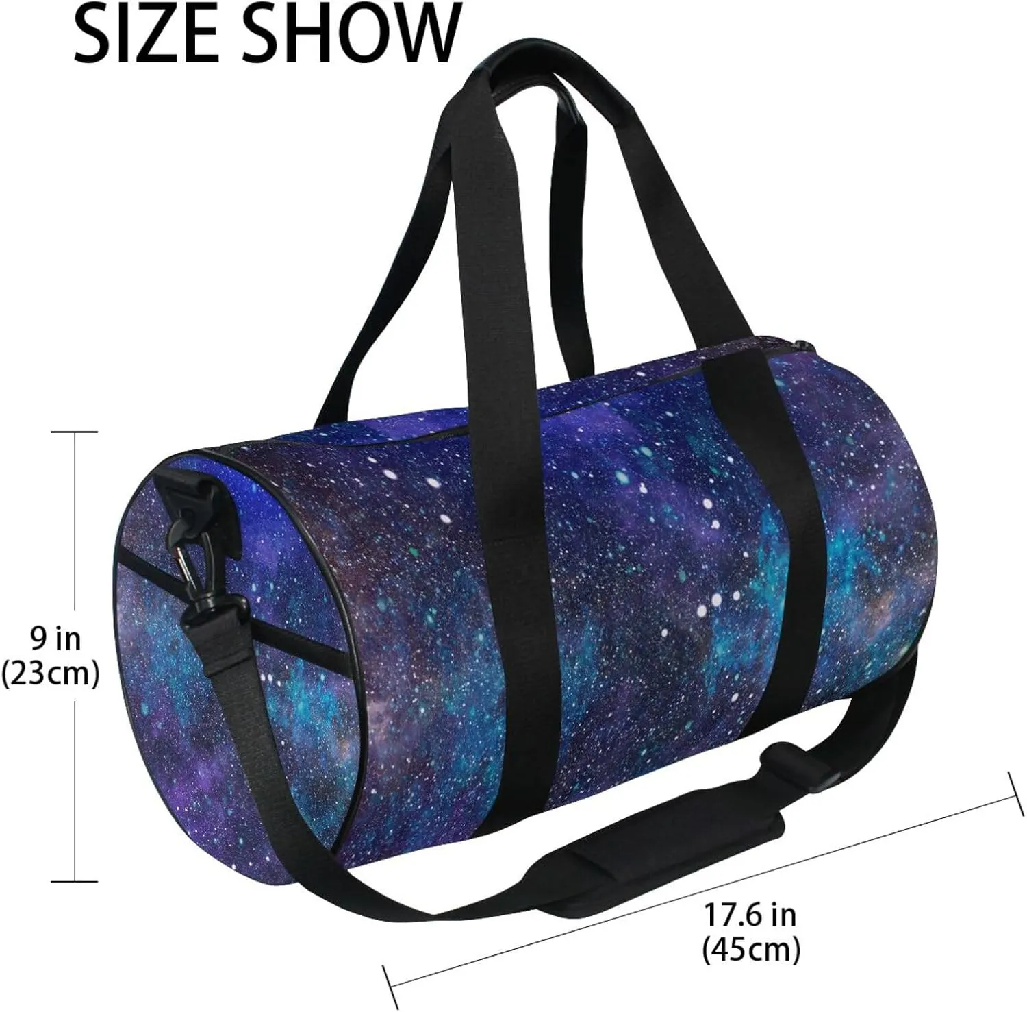 Purple Blue Galaxy Space with Glitter Stars Outer Space Galaxies Portable Gym Bag, Travel Bag, Luggage bag, Sports Bag, Toiletry Bag with Handles, Detachable Shoulder Strap 17.6 x 9 x 9 inch