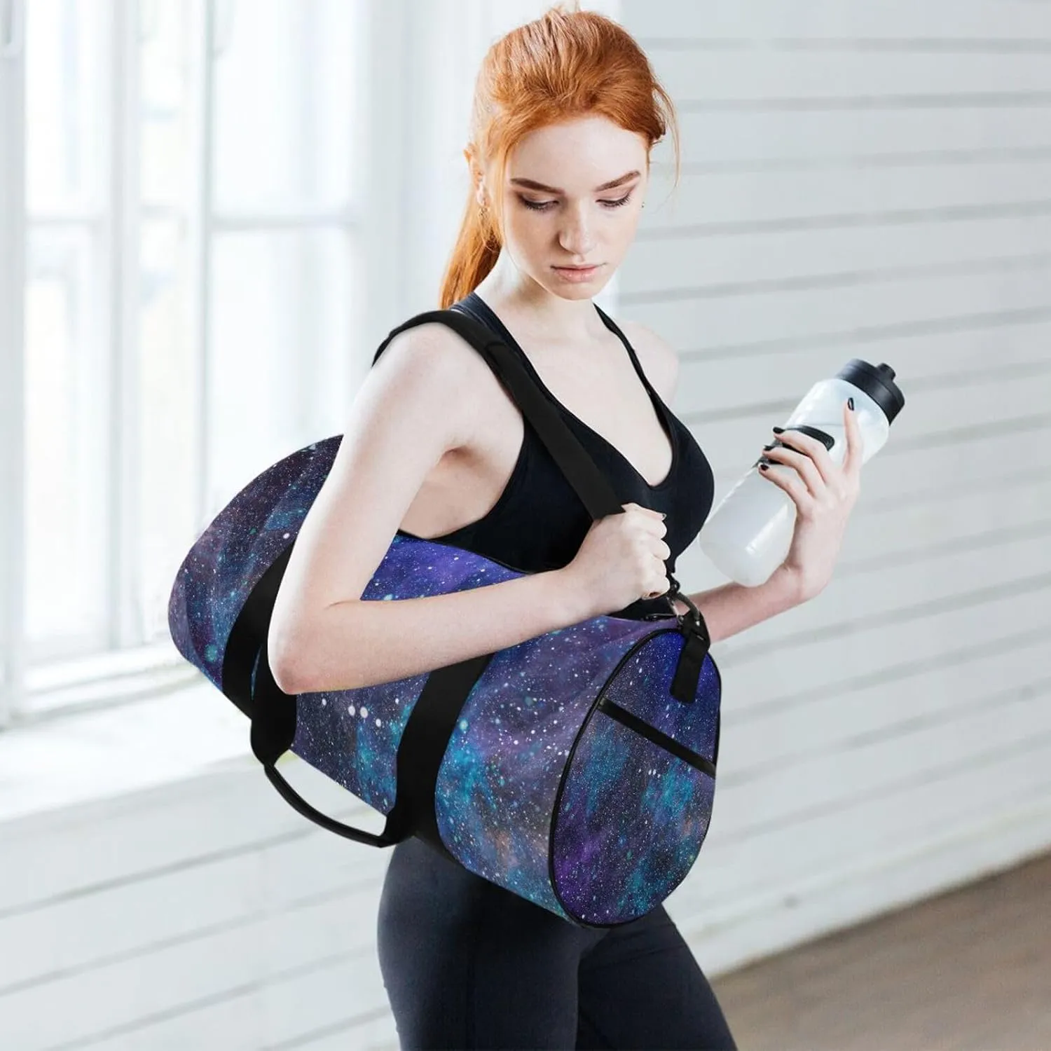 Purple Blue Galaxy Space with Glitter Stars Outer Space Galaxies Portable Gym Bag, Travel Bag, Luggage bag, Sports Bag, Toiletry Bag with Handles, Detachable Shoulder Strap 17.6 x 9 x 9 inch