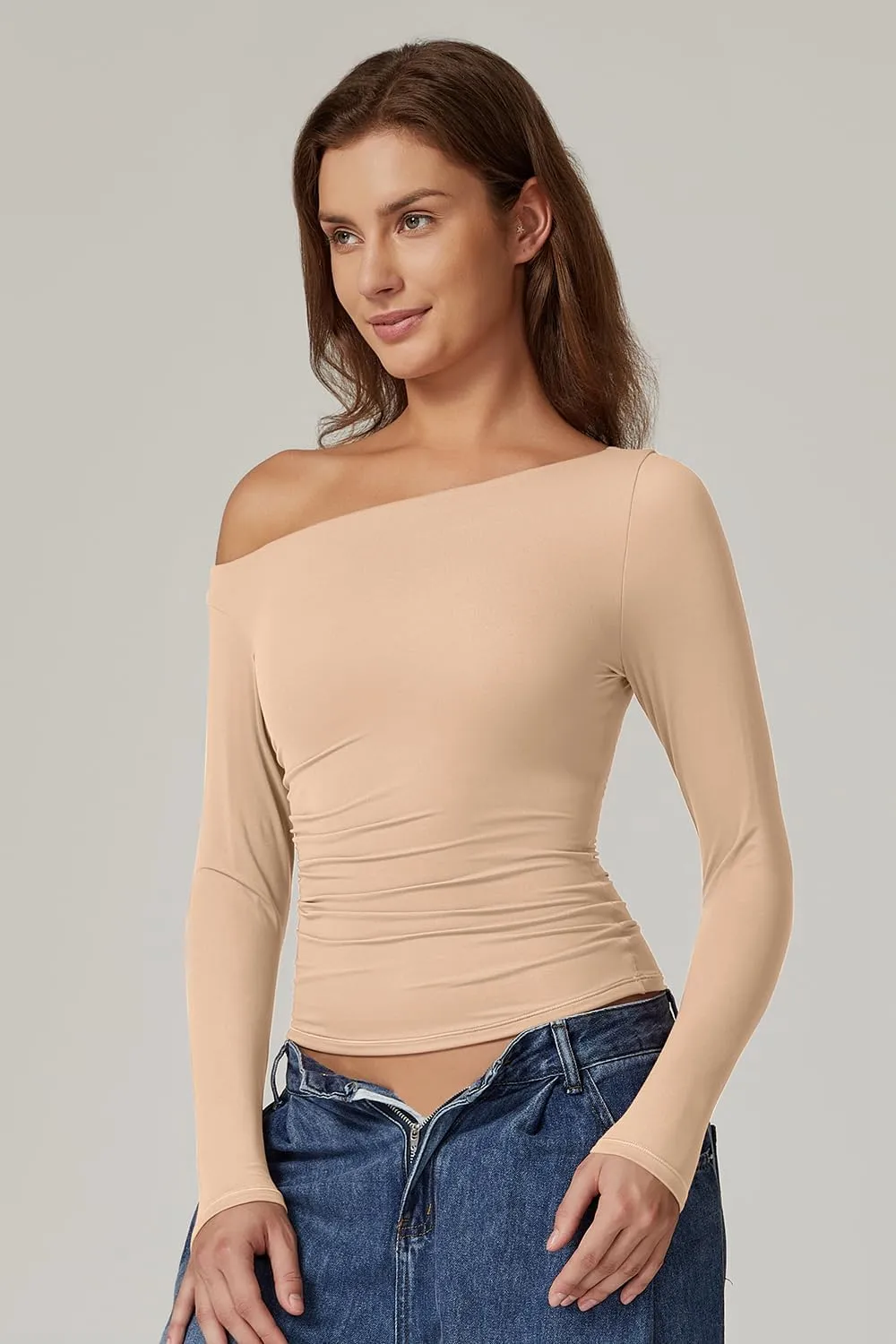 QINSEN Women's Sexy Off Shoulder Shirt Long Sleeve Double Lined Tops Side Ruched Fitted Tees