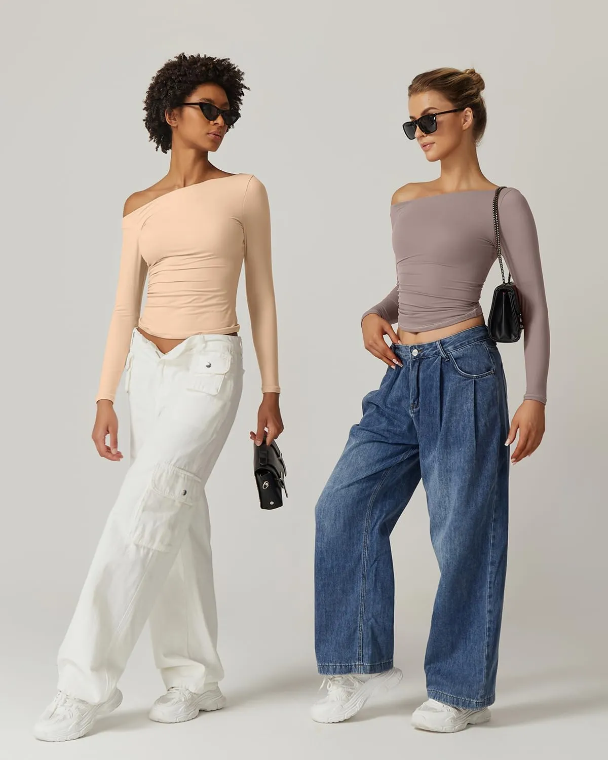 QINSEN Women's Sexy Off Shoulder Shirt Long Sleeve Double Lined Tops Side Ruched Fitted Tees