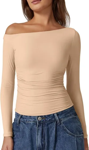 QINSEN Women's Sexy Off Shoulder Shirt Long Sleeve Double Lined Tops Side Ruched Fitted Tees