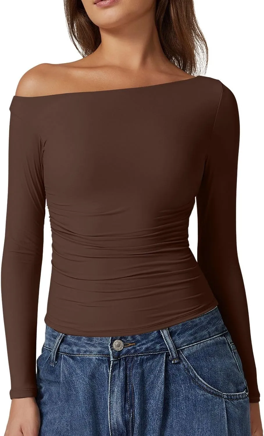 QINSEN Women's Sexy Off Shoulder Shirt Long Sleeve Double Lined Tops Side Ruched Fitted Tees