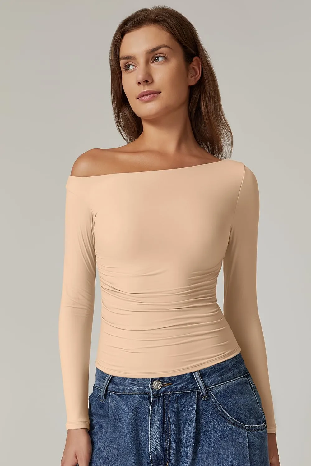 QINSEN Women's Sexy Off Shoulder Shirt Long Sleeve Double Lined Tops Side Ruched Fitted Tees