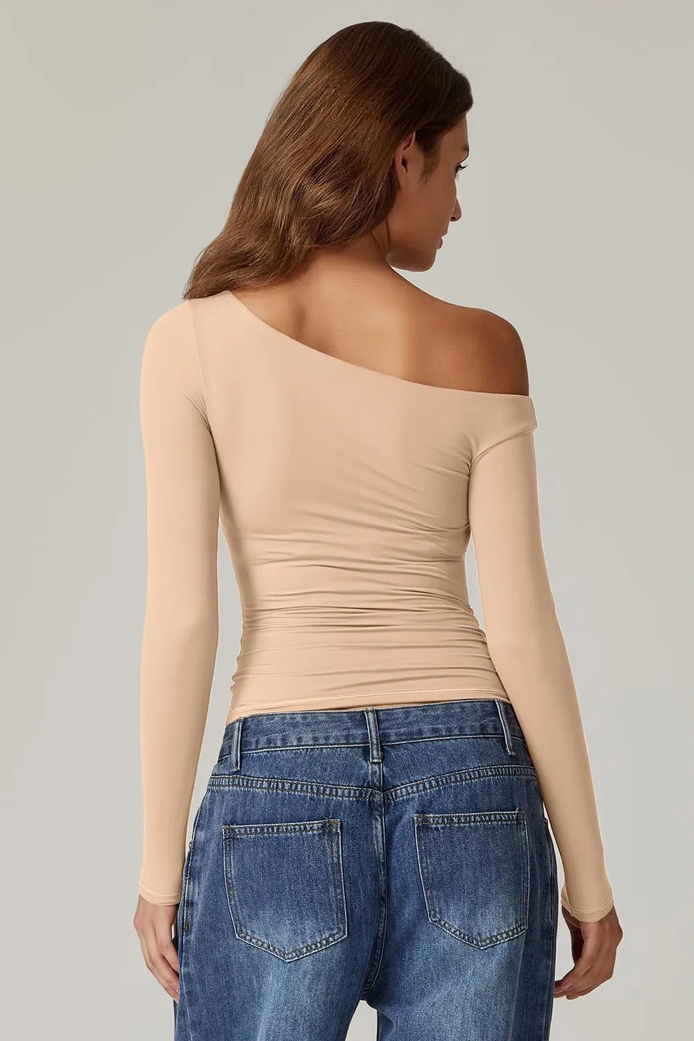 QINSEN Women's Sexy Off Shoulder Shirt Long Sleeve Double Lined Tops Side Ruched Fitted Tees
