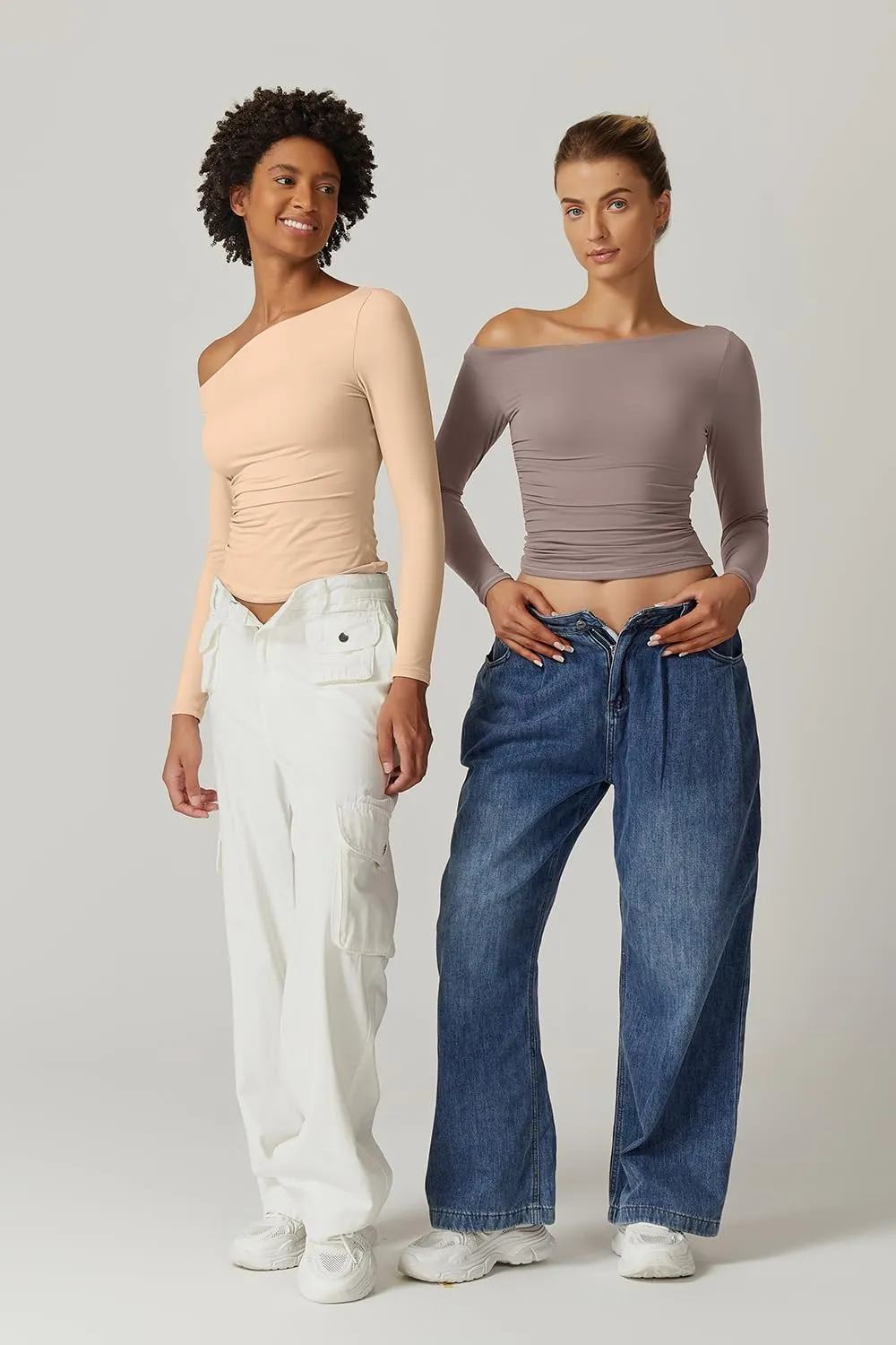 QINSEN Women's Sexy Off Shoulder Shirt Long Sleeve Double Lined Tops Side Ruched Fitted Tees