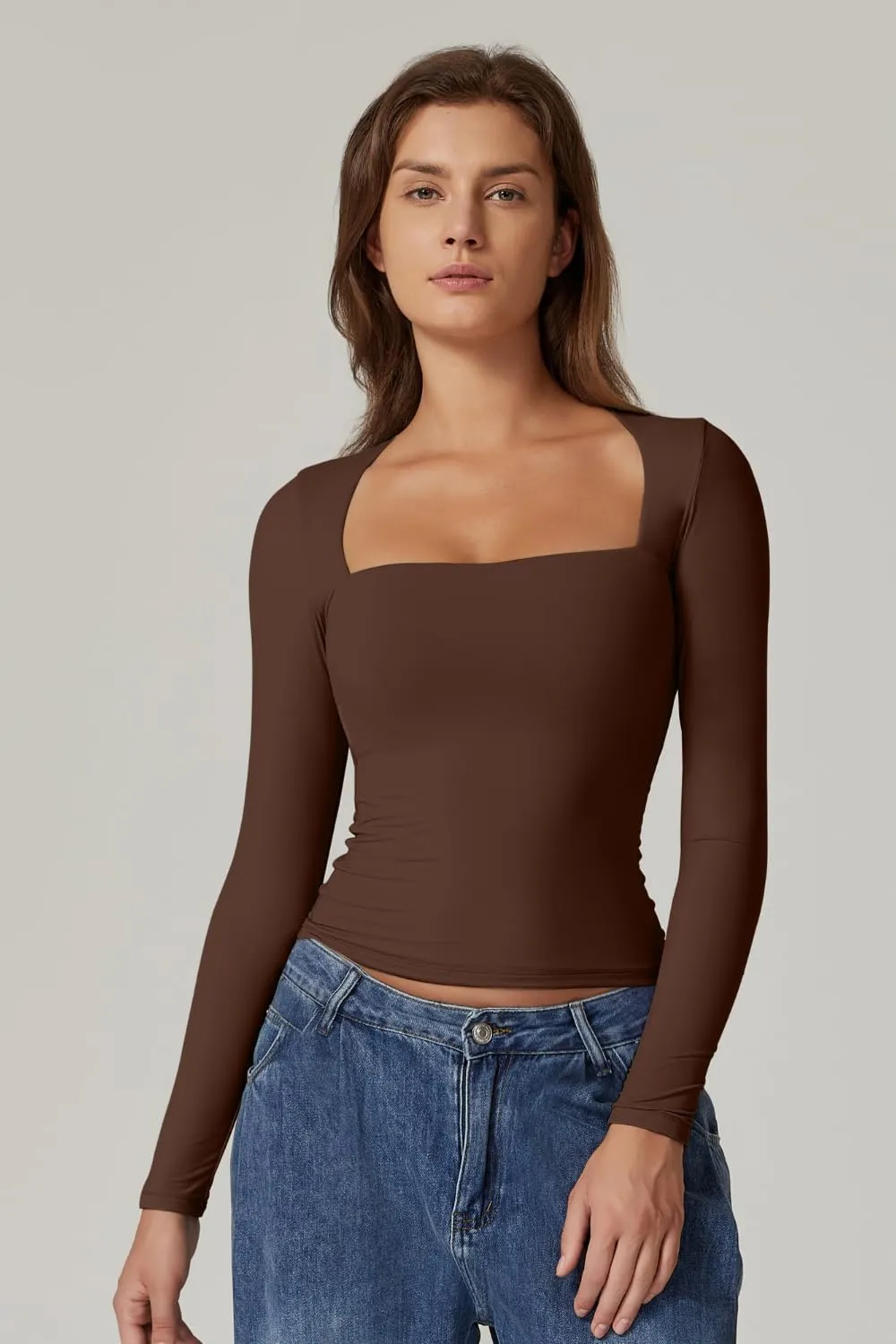 QINSEN Women's Sexy Square Neck Shirt Long Sleeve Double Lined Tees Fitted Going Out Tops