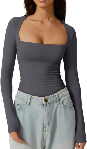 QINSEN Women's Sexy Square Neck Shirt Long Sleeve Double Lined Tees Fitted Going Out Tops