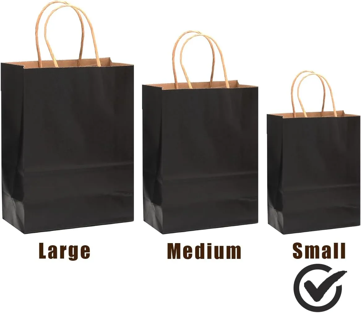 qiqee 100-Packs Black Paper Gift Bags with Handles Bulk 8.26"×6"×3.15" Small Size Gift Bags Multiple Uses