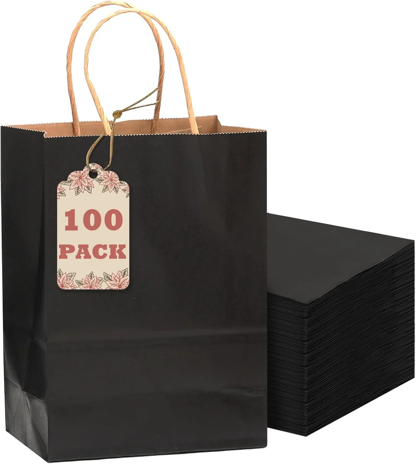 qiqee 100-Packs Black Paper Gift Bags with Handles Bulk 8.26"×6"×3.15" Small Size Gift Bags Multiple Uses