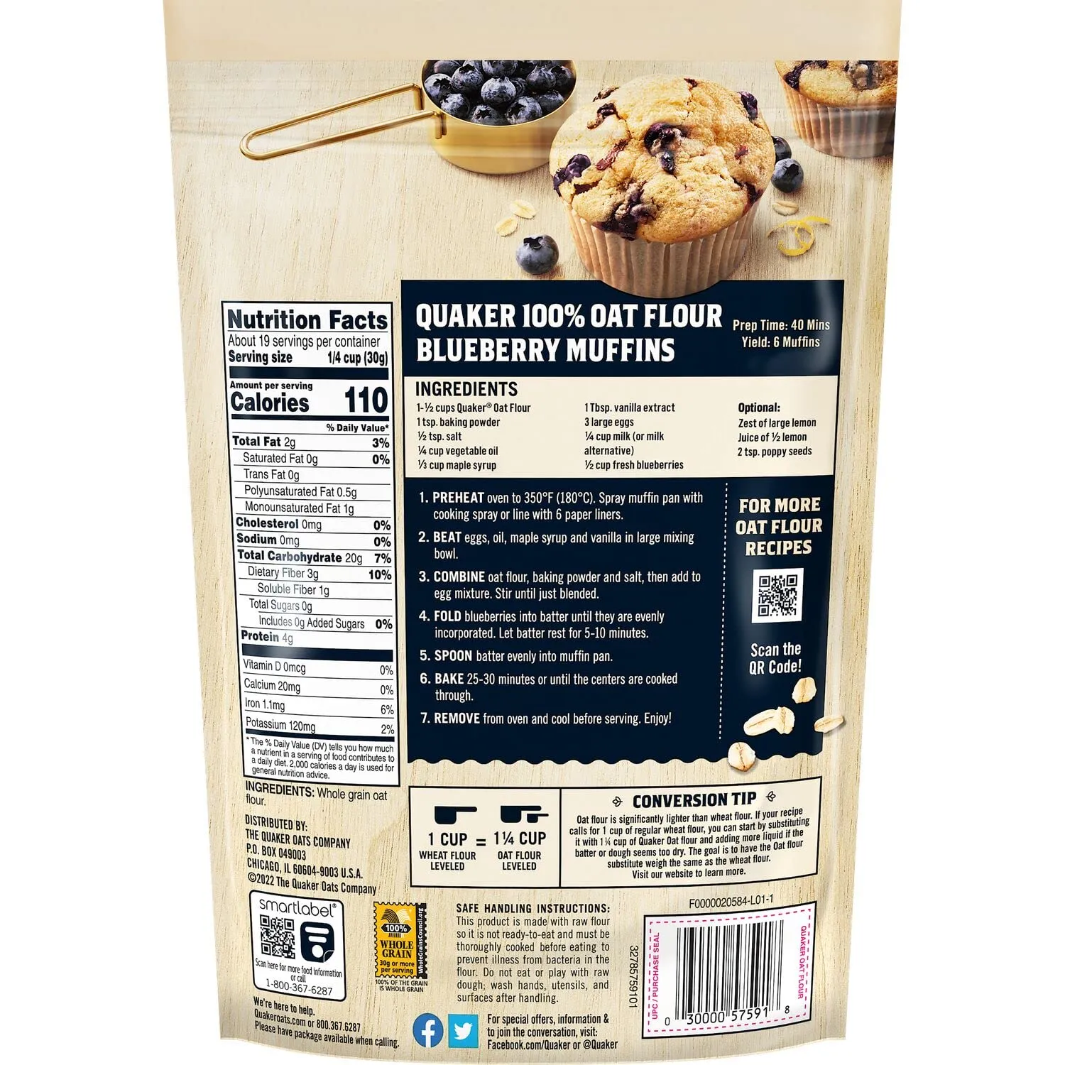 Quaker Oat Flour Stand Up Pouches, 20oz, (3 Pack)