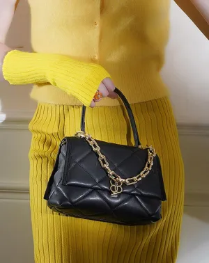 Quilted Leather Satchel Purse for Women: Genuine Cowhide Crossbody Bag - Top Handle Handbag with Chain Strap for Travel Work
