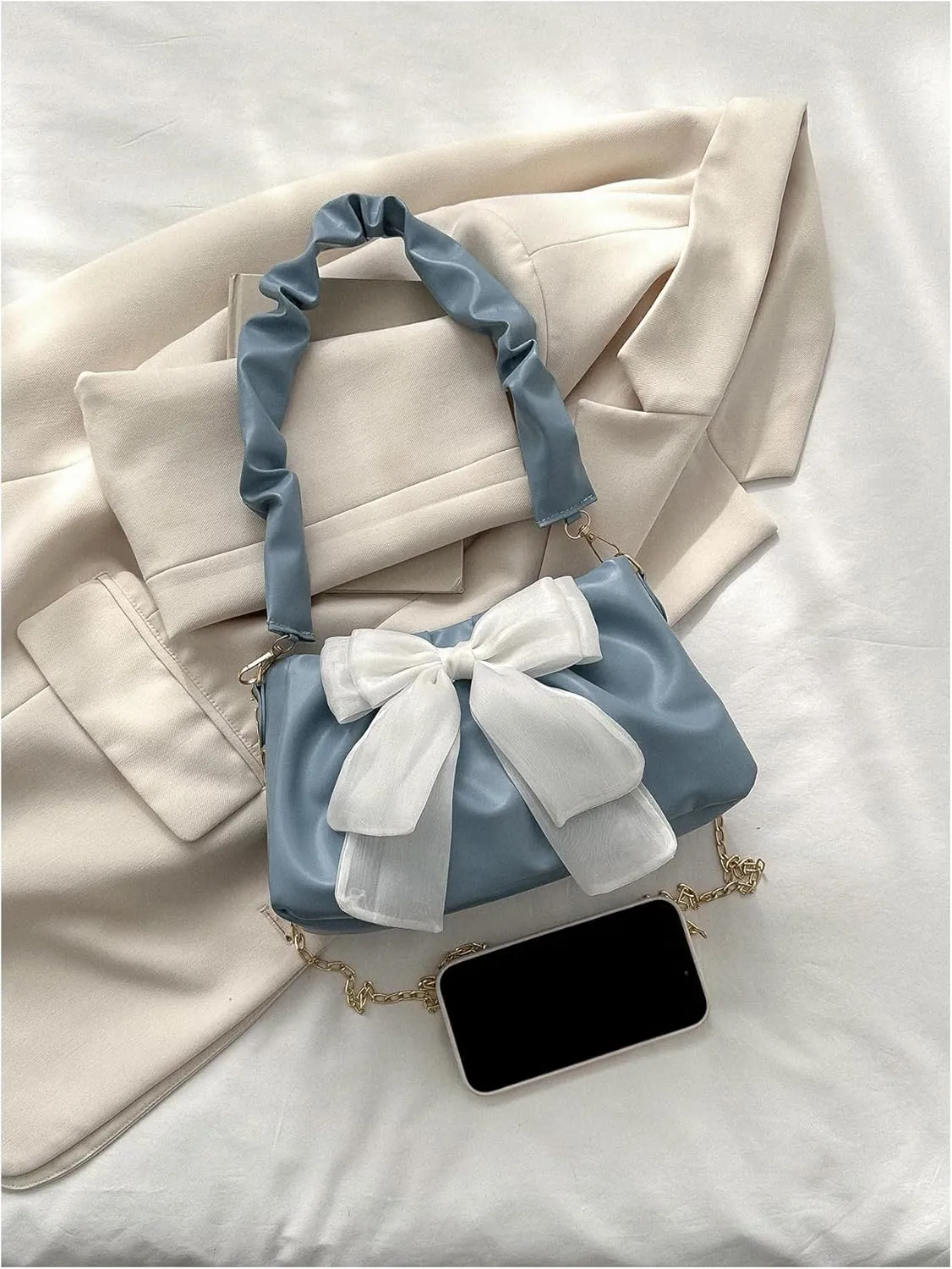 QWINEE Bow Shaped Square Bag Ruched Purse Handbags Ladies Shoulder Underarm Totes Bag Evening Bag Clutch
