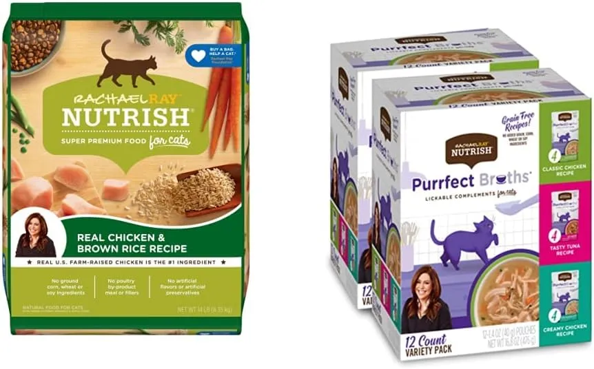 Rachael Ray Nutrish Chicken & Brown Rice 14 Pounds Dry Cat Food   Purrfect Broths Variety Pack 1.4 Ounce (Pack of 24) Wet Cat Food Bundle