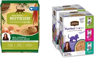 Rachael Ray Nutrish Chicken & Brown Rice 14 Pounds Dry Cat Food   Purrfect Broths Variety Pack 1.4 Ounce (Pack of 24) Wet Cat Food Bundle