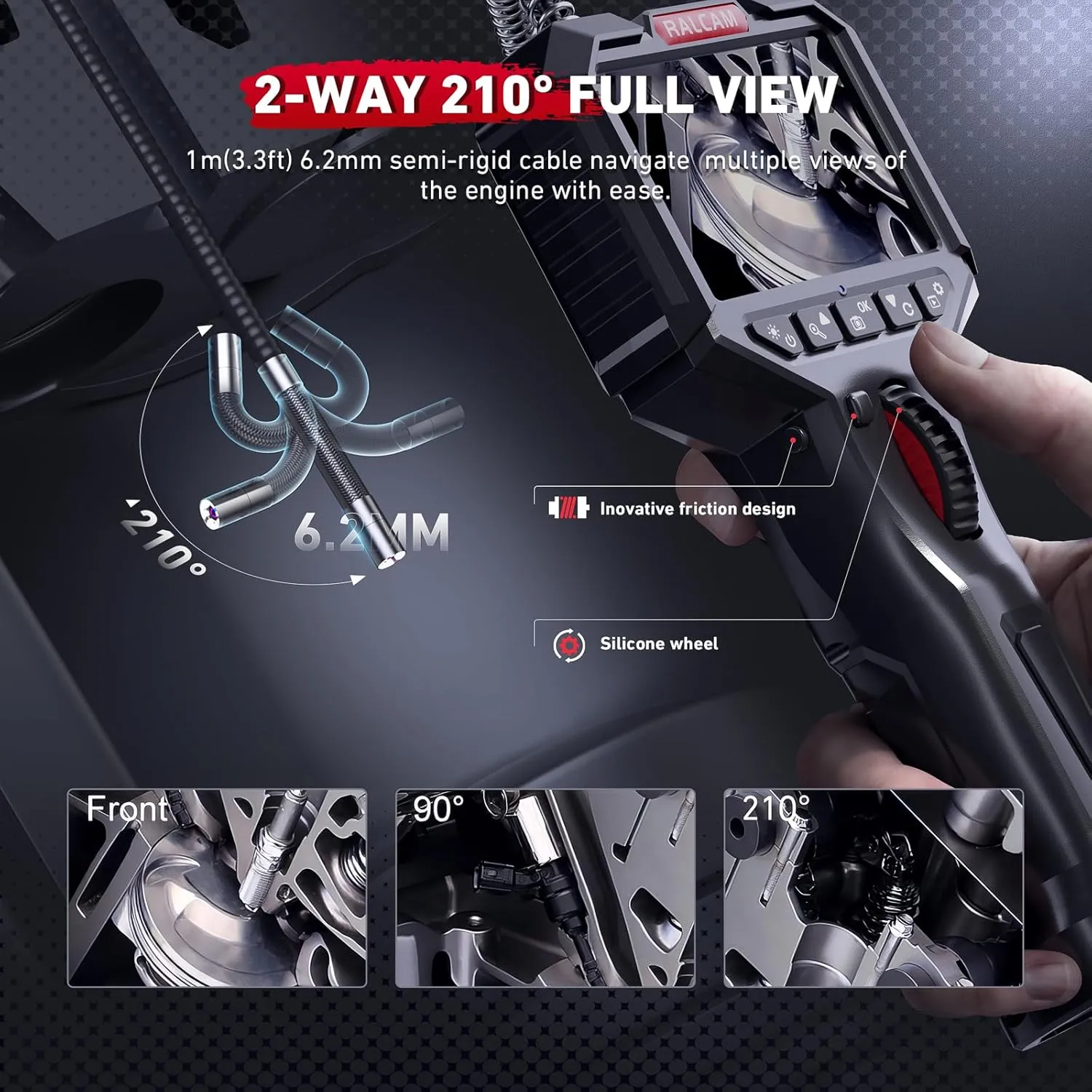 Ralcam Two-Way Articulating Borescope, Endoscope Camera with Light 0.24in/6.2mm Articulated Inspection Camera, Semi-Rigid HD Video Snake Scope for Automotive Aircraft Mechanics