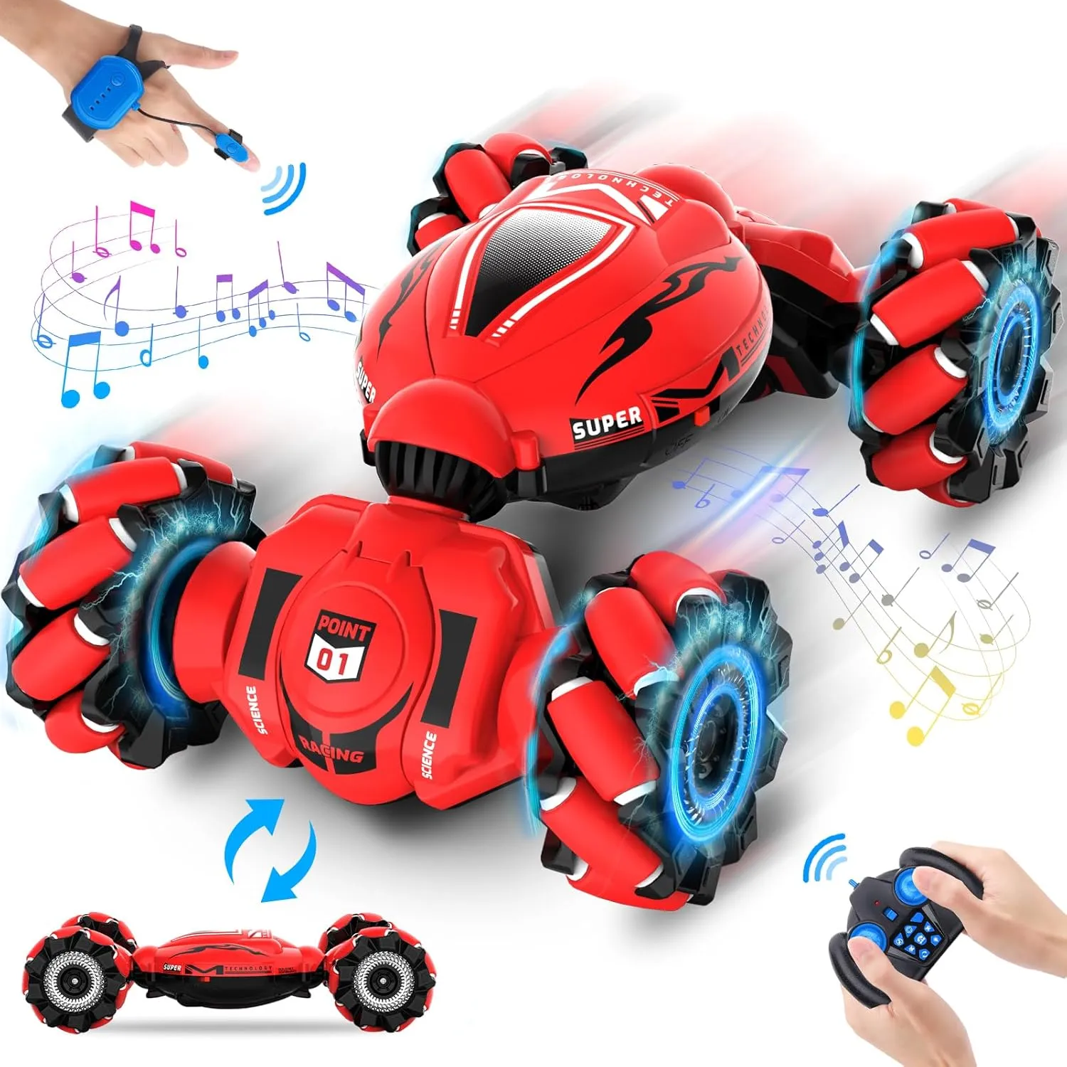 RC Car Toys for Boys Girls 6-12, Birthday Xmas Gifts for 6 7 8 9 10 11 12 Years Old, Gesture Sensing RC Stunt Car with Lights Music 2.4GHz 4WD Hand Remote Control 360° Rotate All-Round Drift