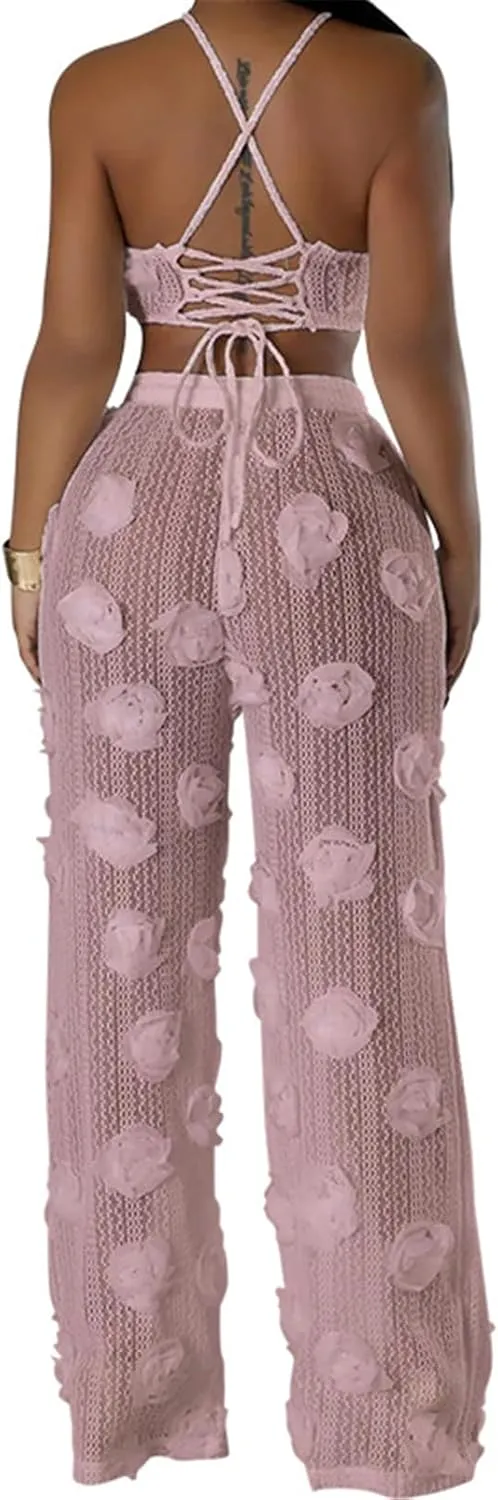 Recious Womens Sexy 2 Pieces 3D Flowers Knitted Lace Up Tank Tops Bodycon Wide Leg Pants Party Clubwear Tracksuit Outfits Set
