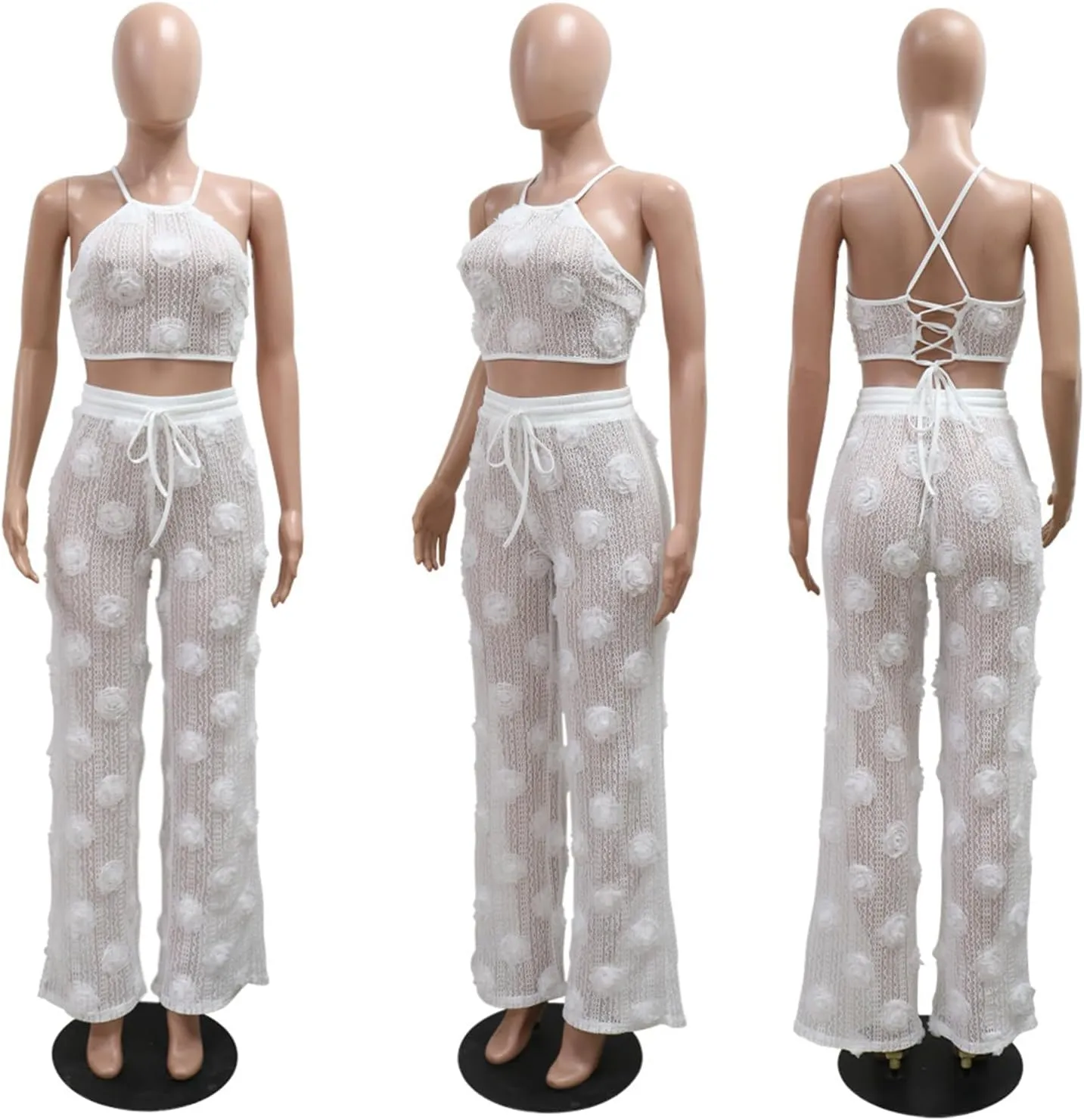 Recious Womens Sexy 2 Pieces 3D Flowers Knitted Lace Up Tank Tops Bodycon Wide Leg Pants Party Clubwear Tracksuit Outfits Set