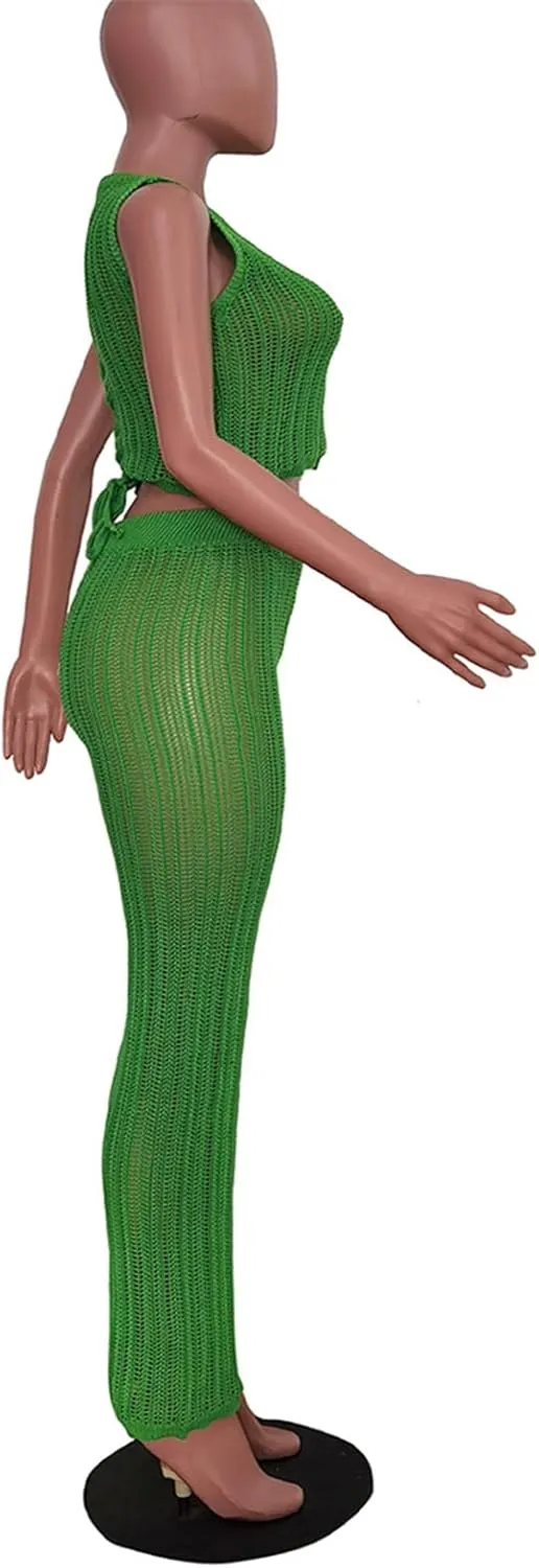 Recious Womens Sexy 2 Pieces Knitted Lace Up Sweater Crop Tops Bodycon Pants Party Clubwear Tracksuit Outfits Sweatsuit Set