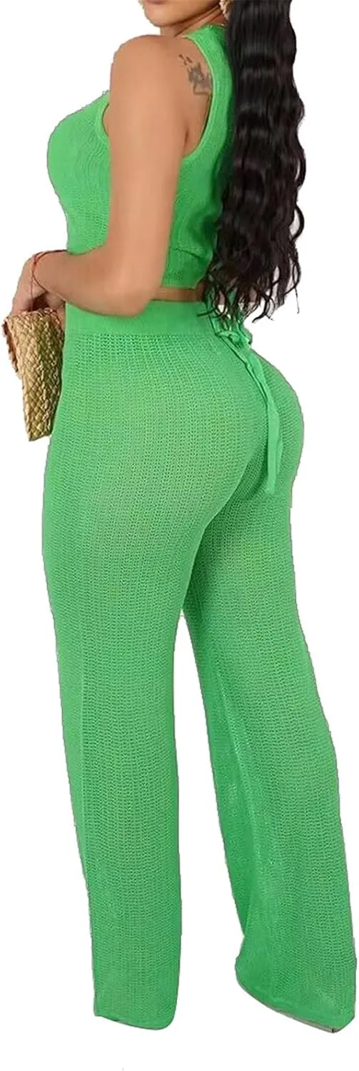 Recious Womens Sexy 2 Pieces Knitted Lace Up Sweater Crop Tops Bodycon Pants Party Clubwear Tracksuit Outfits Sweatsuit Set