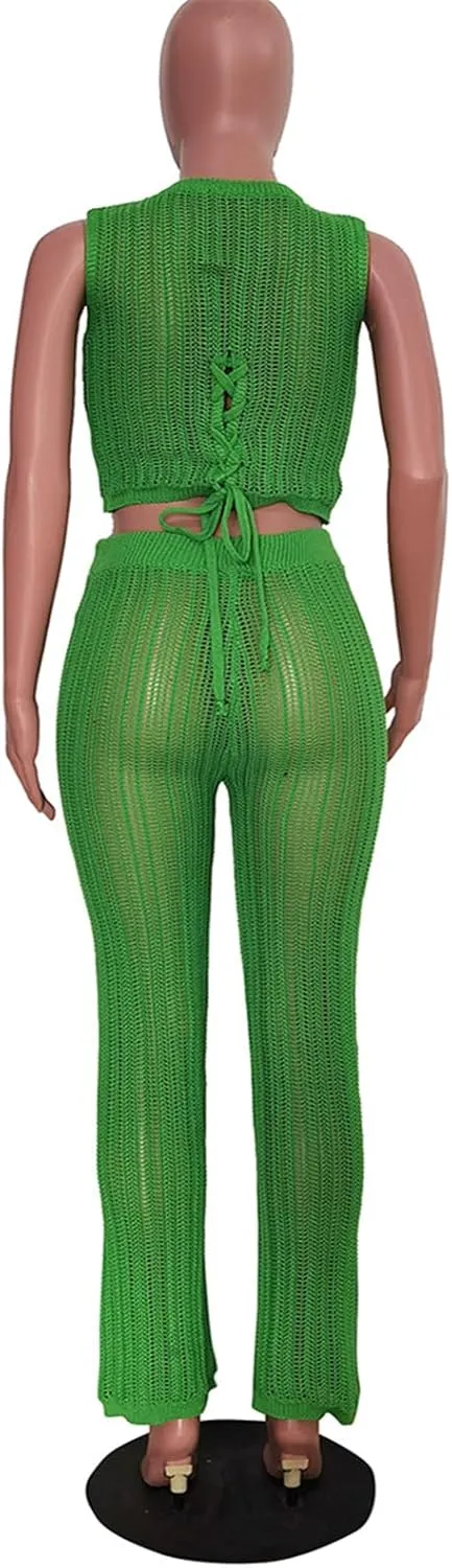 Recious Womens Sexy 2 Pieces Knitted Lace Up Sweater Crop Tops Bodycon Pants Party Clubwear Tracksuit Outfits Sweatsuit Set