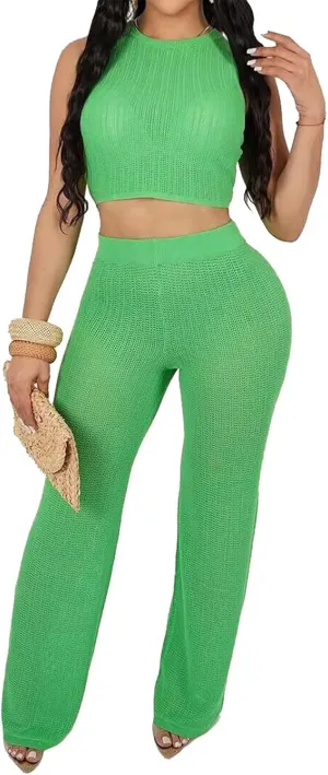 Recious Womens Sexy 2 Pieces Knitted Lace Up Sweater Crop Tops Bodycon Pants Party Clubwear Tracksuit Outfits Sweatsuit Set