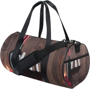 Red Wine Bottle Two Glasses Candle and Red roses on brown Wood Portable Gym Bag, Travel Bag, Luggage bag, Sports Bag, Toiletry Bag with Handles, Detachable Shoulder Strap 17.6 x 9 x 9 inch