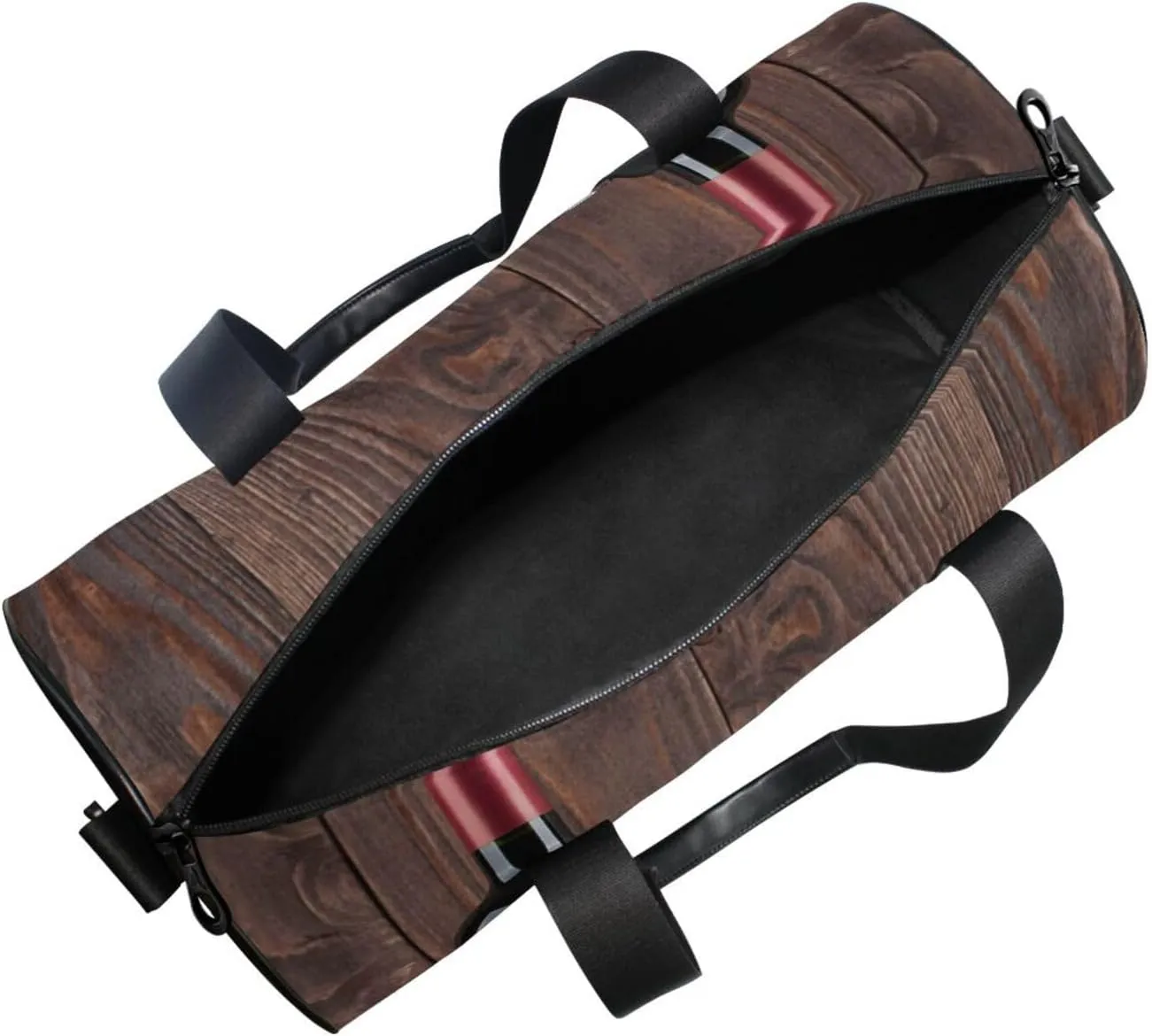 Red Wine Bottle Two Glasses Candle and Red roses on brown Wood Portable Gym Bag, Travel Bag, Luggage bag, Sports Bag, Toiletry Bag with Handles, Detachable Shoulder Strap 17.6 x 9 x 9 inch