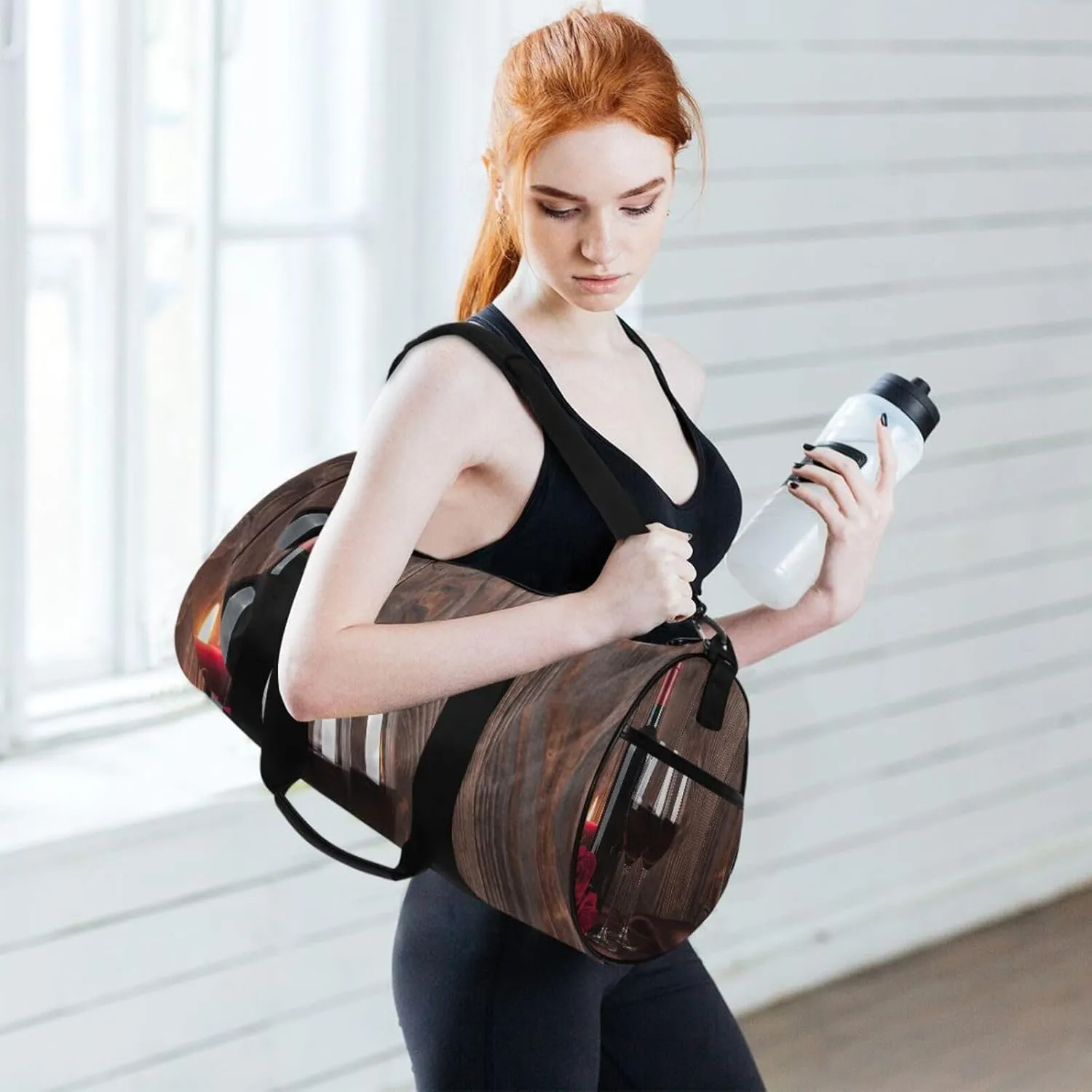 Red Wine Bottle Two Glasses Candle and Red roses on brown Wood Portable Gym Bag, Travel Bag, Luggage bag, Sports Bag, Toiletry Bag with Handles, Detachable Shoulder Strap 17.6 x 9 x 9 inch