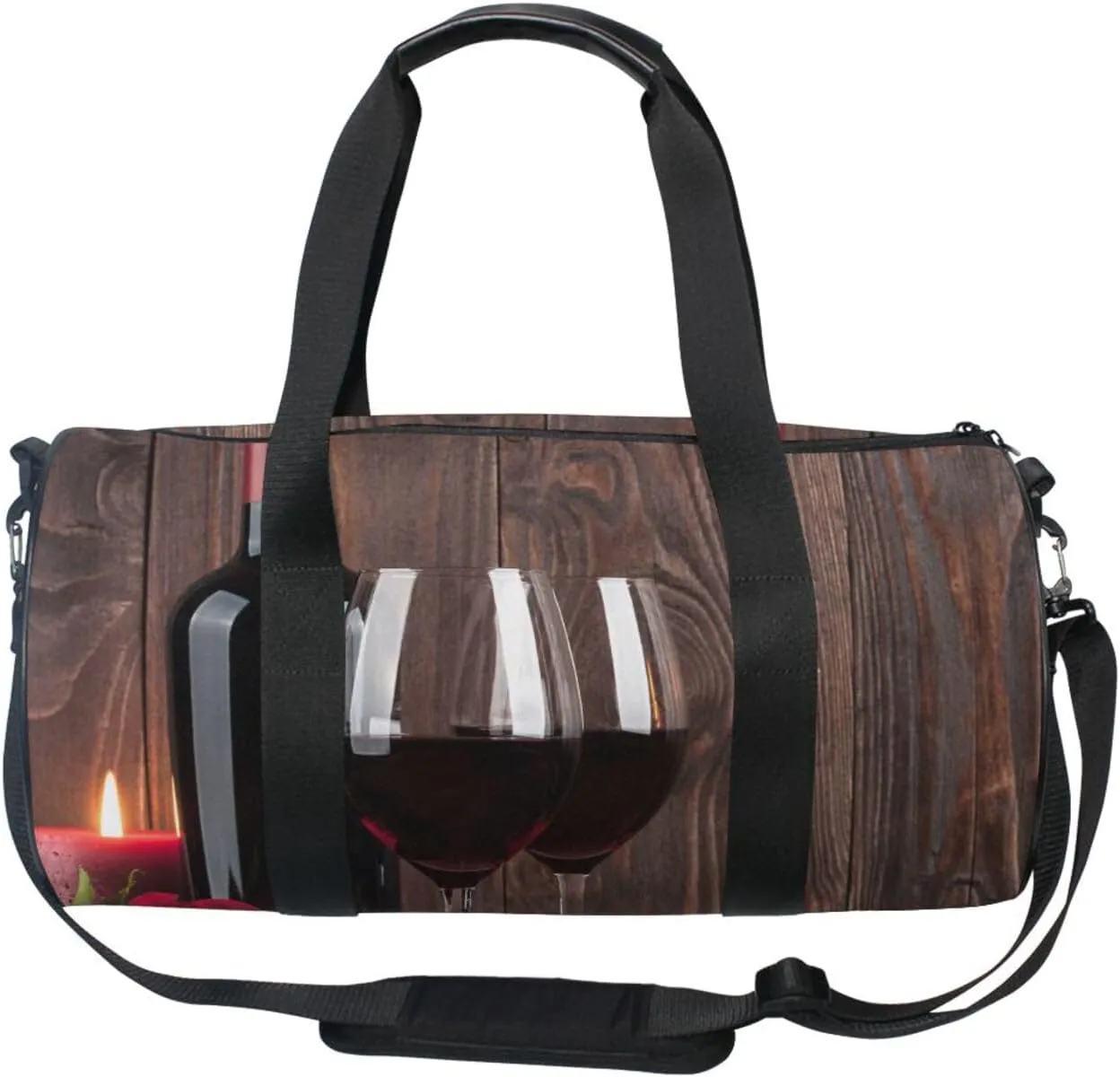Red Wine Bottle Two Glasses Candle and Red roses on brown Wood Portable Gym Bag, Travel Bag, Luggage bag, Sports Bag, Toiletry Bag with Handles, Detachable Shoulder Strap 17.6 x 9 x 9 inch