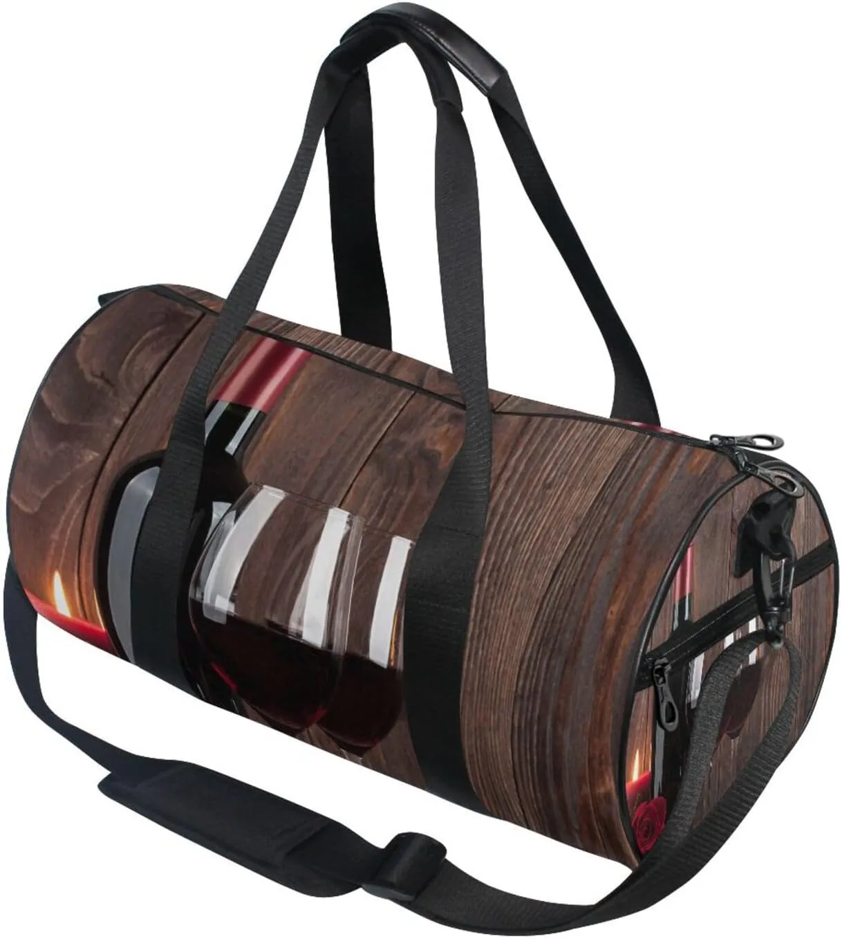 Red Wine Bottle Two Glasses Candle and Red roses on brown Wood Portable Gym Bag, Travel Bag, Luggage bag, Sports Bag, Toiletry Bag with Handles, Detachable Shoulder Strap 17.6 x 9 x 9 inch