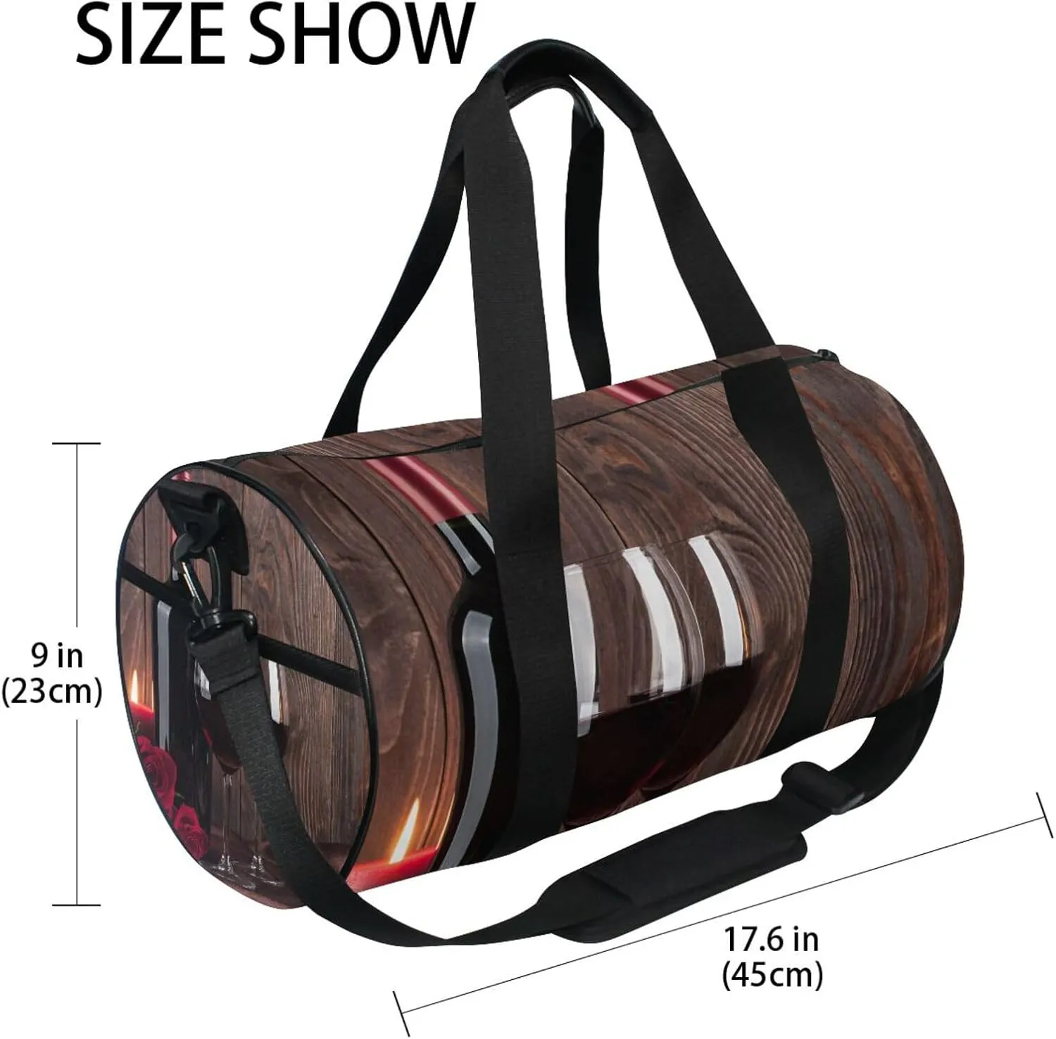 Red Wine Bottle Two Glasses Candle and Red roses on brown Wood Portable Gym Bag, Travel Bag, Luggage bag, Sports Bag, Toiletry Bag with Handles, Detachable Shoulder Strap 17.6 x 9 x 9 inch