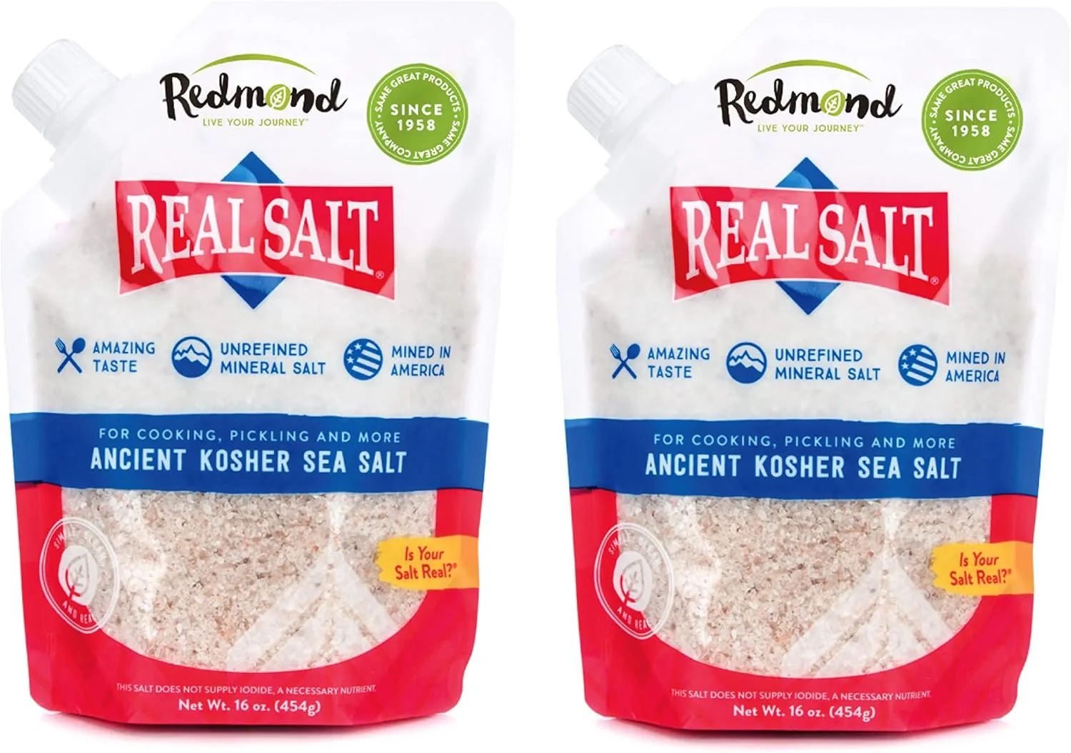 Redmond Real Sea Salt - Natural Unrefined Gluten Free Kosher, 16 Ounce Pouch (2 Pack)