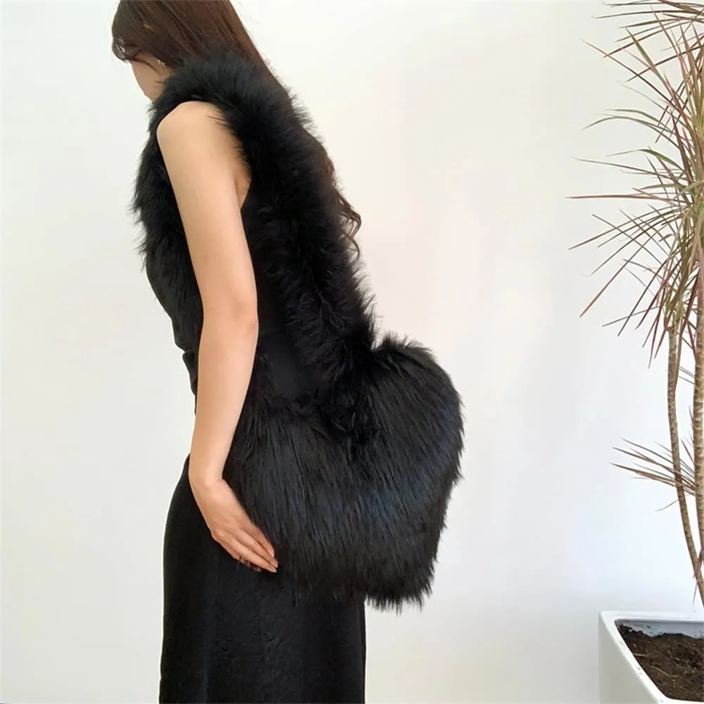 Rejolly Heart Shaped Furry Purse for Women Large Soft Shoulder Bag Fluffy Faux Fur Trendy Y2K Girls Handbag