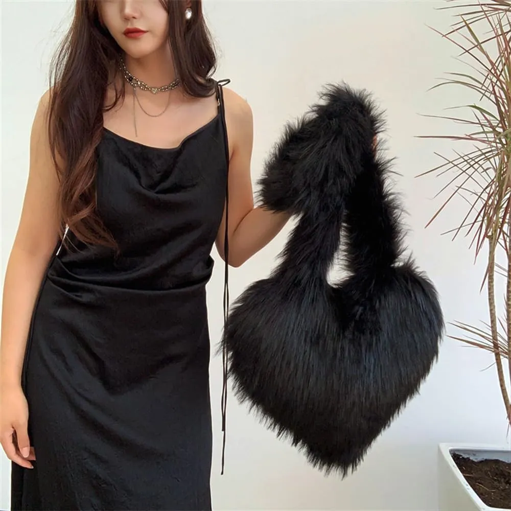 Rejolly Heart Shaped Furry Purse for Women Large Soft Shoulder Bag Fluffy Faux Fur Trendy Y2K Girls Handbag