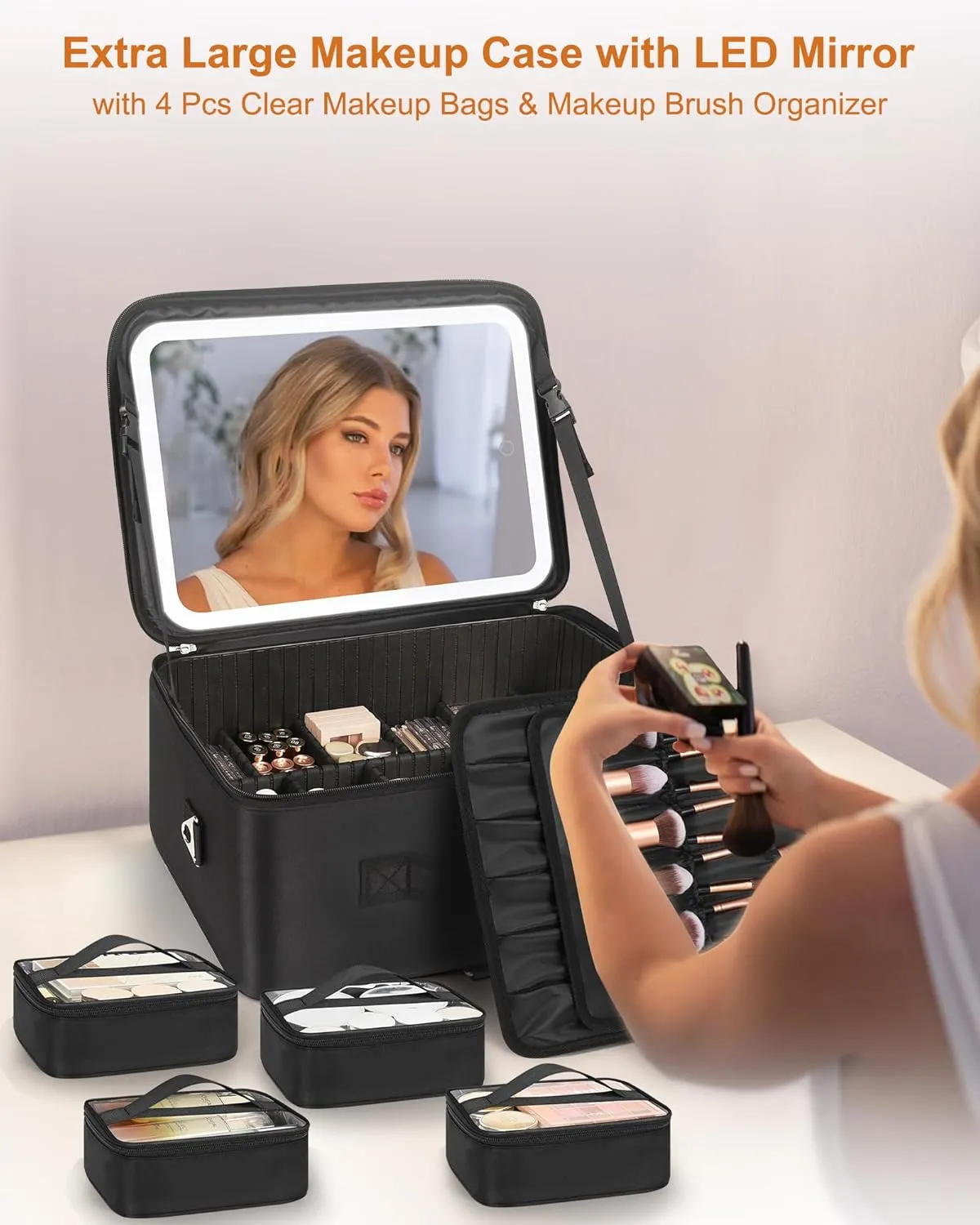 Relavel Extra Large Makeup Bag with LED Mirror, Cosmetic Train Case for Makeup Artists with 4 Removable Pouches and Adjustable Dividers, Hair Supplies Organizer, Travel Portable Mirror with Lights