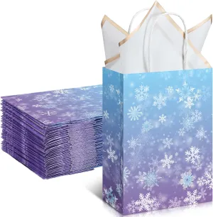 ReliThick 30 Pcs Snowflake Paper Bags Frozens Candy Treat Goodie Gift Bags with Handle Blue and Purple Party Favors for Princess Holiday Birthday Wonderland Party Supplies