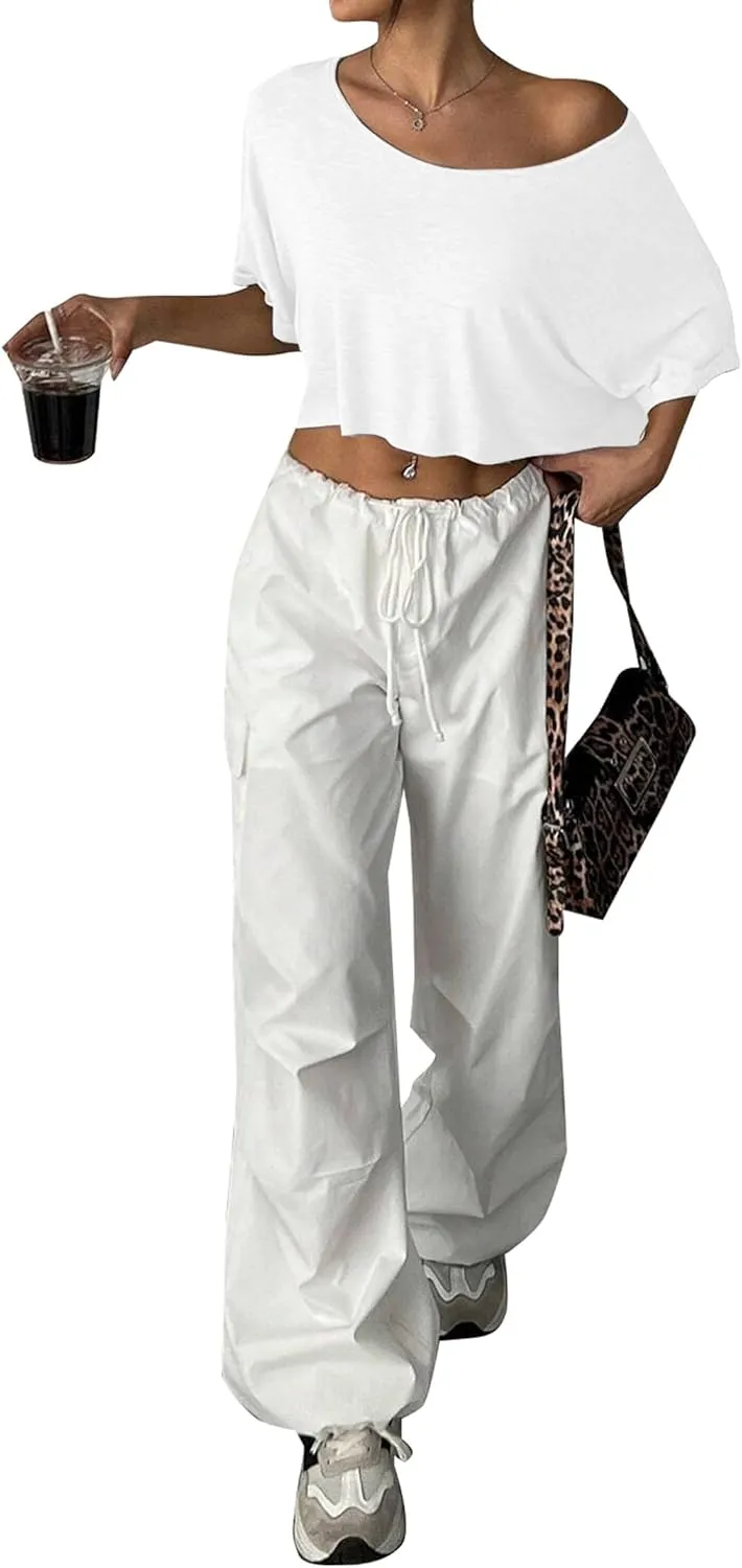 Remidoo Womens Off The Shoulder Short Sleeve Crop Top Asymmetrical Neck Loose Tshirt